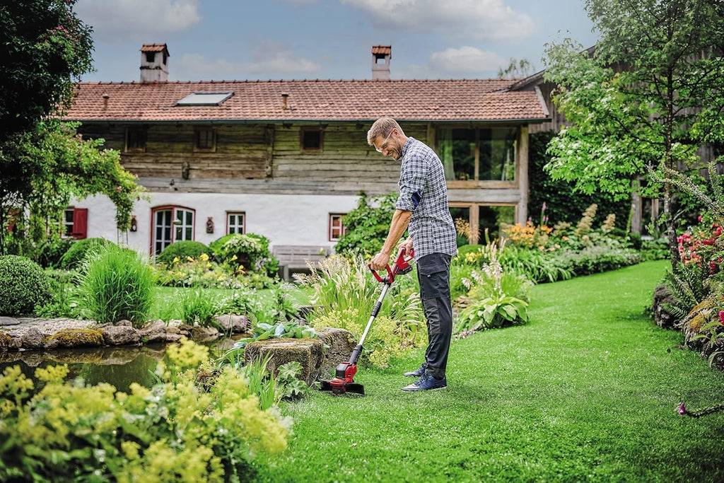 Einhell GE-CT 18/28 Li-Solo Power X-Change Cordless Grass Trimmer (18 V, 28 cm Cutting Width Thread, Rotatable and Tilting Motor Head, without Battery and Charger), Red/Black