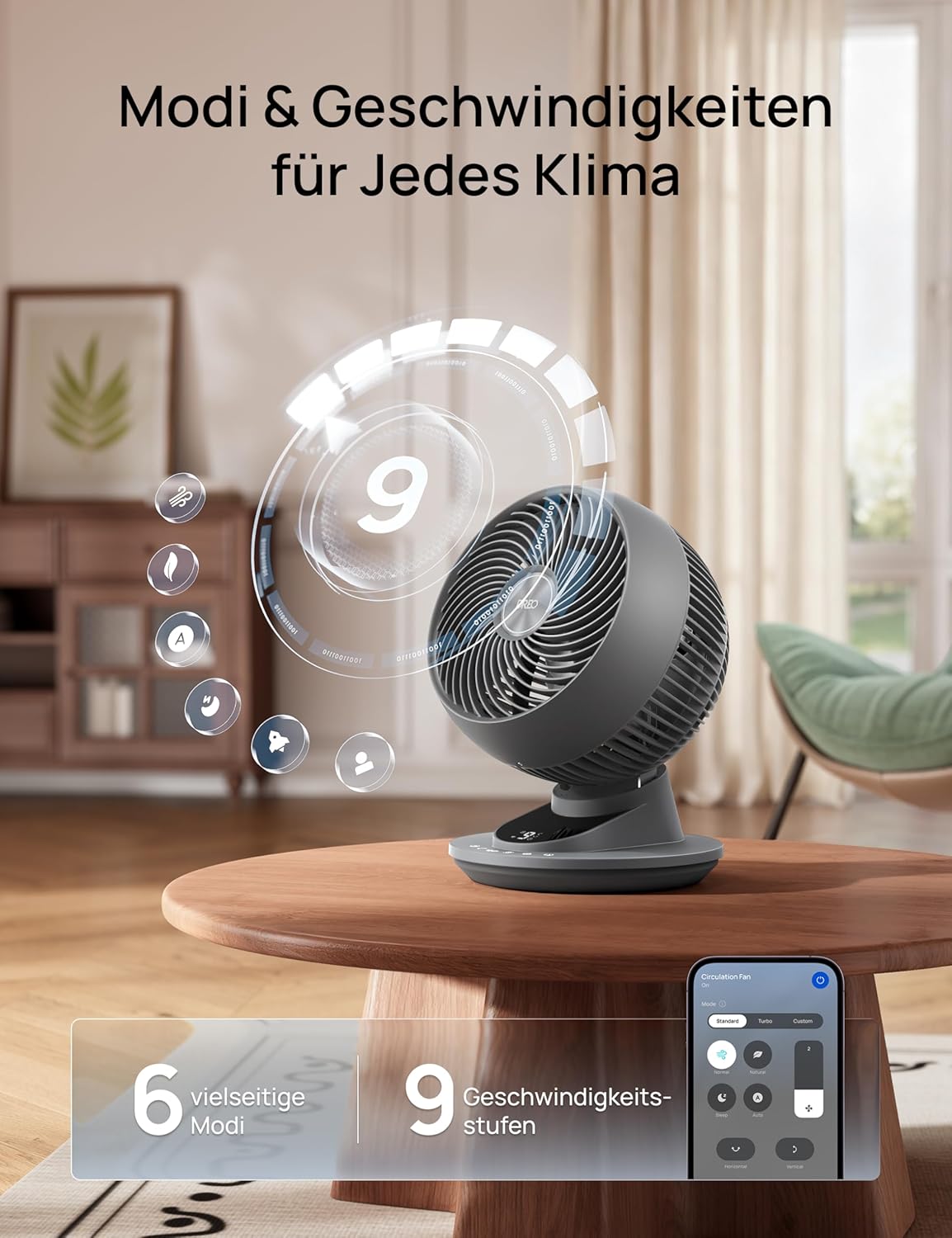 DREO 3D Table Fan, Very Quiet, 22 dB, Small Fan with Remote Control, 8.8 m/s Strong Airflow, 90° Oscillation, App & Voice Control, 9 Levels, 8/12h Timer for Bedroom and Office