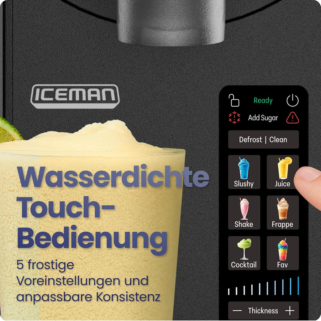 ICEMAN 1.9L Slushie Machine, 5 Presets, No Ice & No Mixing | For Margaritas, Frappes & Shakes, Touch Screen, Easy Dosing Lever, Black