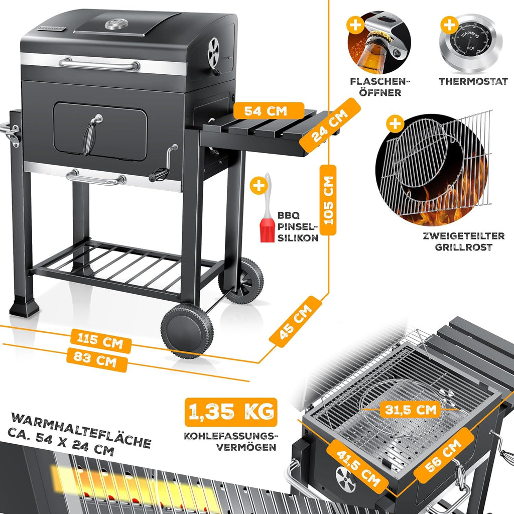 Kesser® Barbecue Trolley, XXL Charcoal Grill with Lid, Wheels, Stainless Steel Handle, Grill Grate and Thermometer, Charcoal Grill Cart, Large, for BBQ, Camping, Patio, Garden (Grey/Silver)