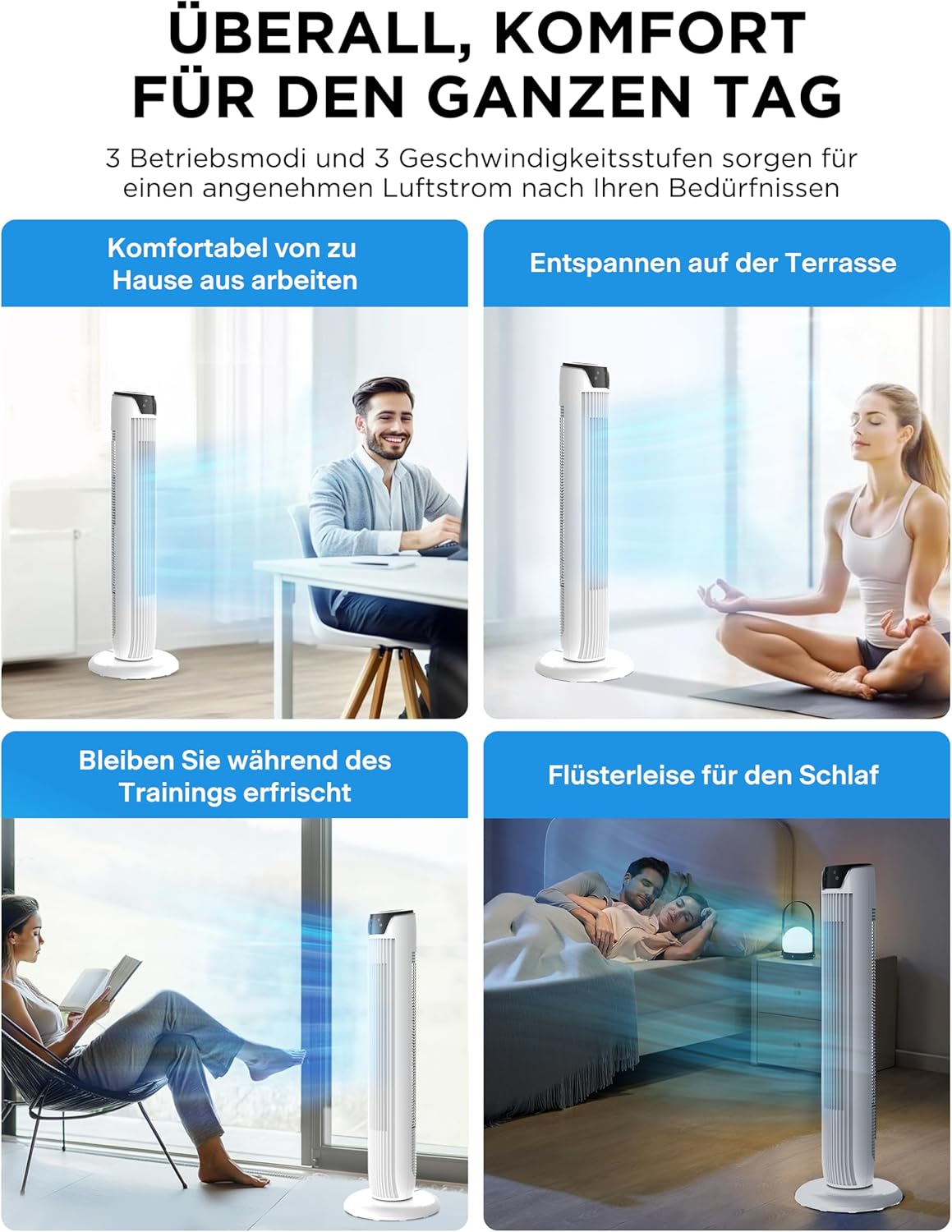 Midea FZ10-17JR(WH) Turmventilator Leise mit Fernbedienung 92CM, mobiler Lüfter,Ventilator Säulenventilator,7 Stunden Timer,3 Modi,3 Geschwindigkeiten,45W Standventilator, Weiß