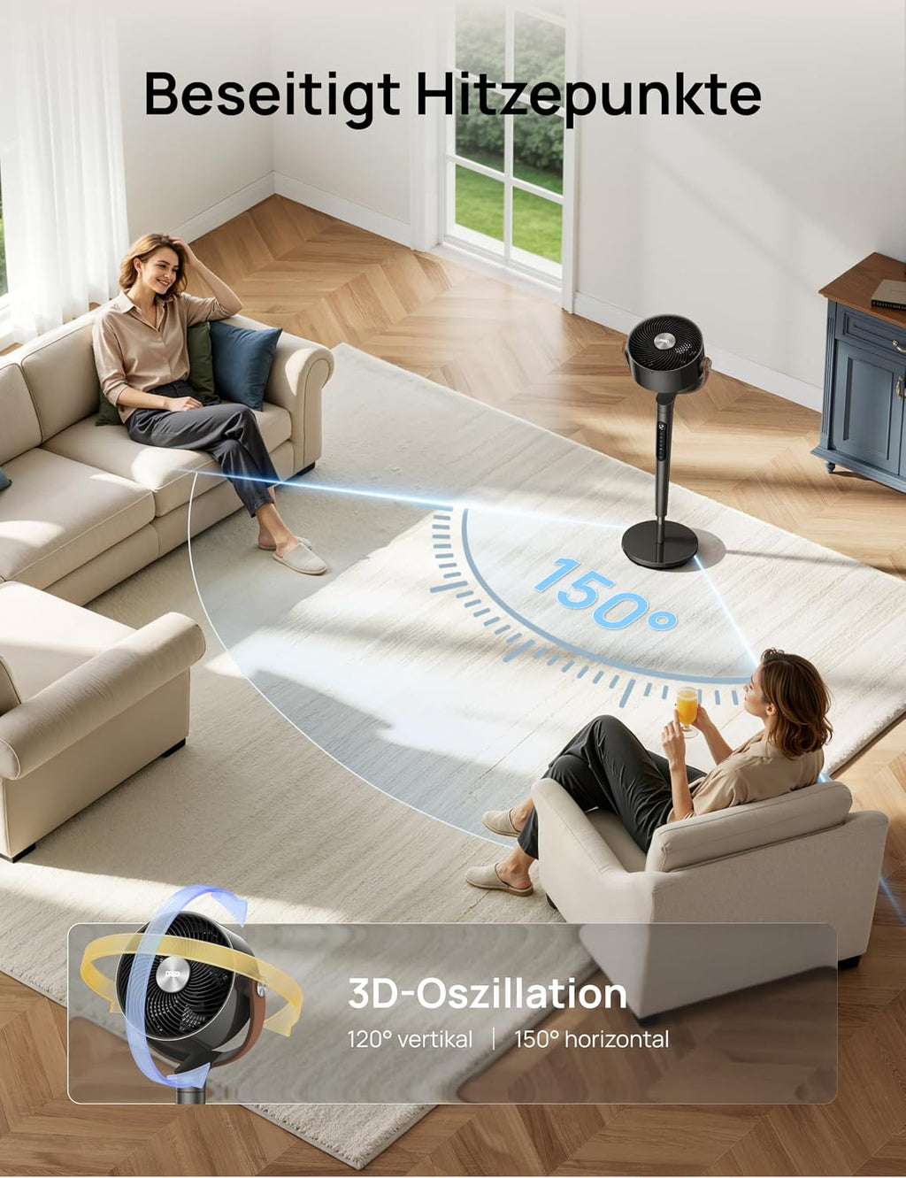 DREO 20dB Quiet Smart Floor Fan for Bedroom with RGB LED, 150° + 120° Oscillation, 30 m Air Circulation Fan and 2209 m³/h Air Volume, 12 Speeds, 6 Modes, 94-107 cm Height, WLAN & Alexa