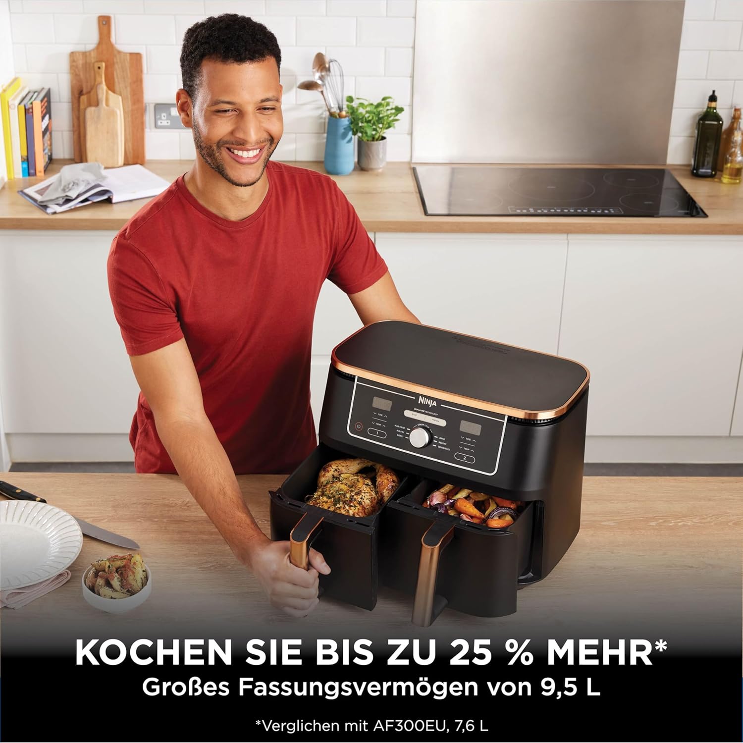 Ninja Foodi MAX Dual Zone Hot Air Fryer [AF400EUCP] Amazon Exclusive, ‎2470 Watt, 9.5 L, 2 Hot Air Fryer Compartments, 6 Functions, 27 x 41.5 x 32.5 cm, Copper/Black