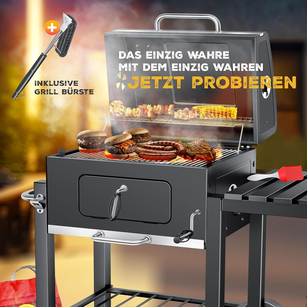 Kesser® Barbecue Trolley, XXL Charcoal Grill with Lid, Wheels, Stainless Steel Handle, Grill Grate and Thermometer, Charcoal Grill Cart, Large, for BBQ, Camping, Patio, Garden (Grey/Silver)