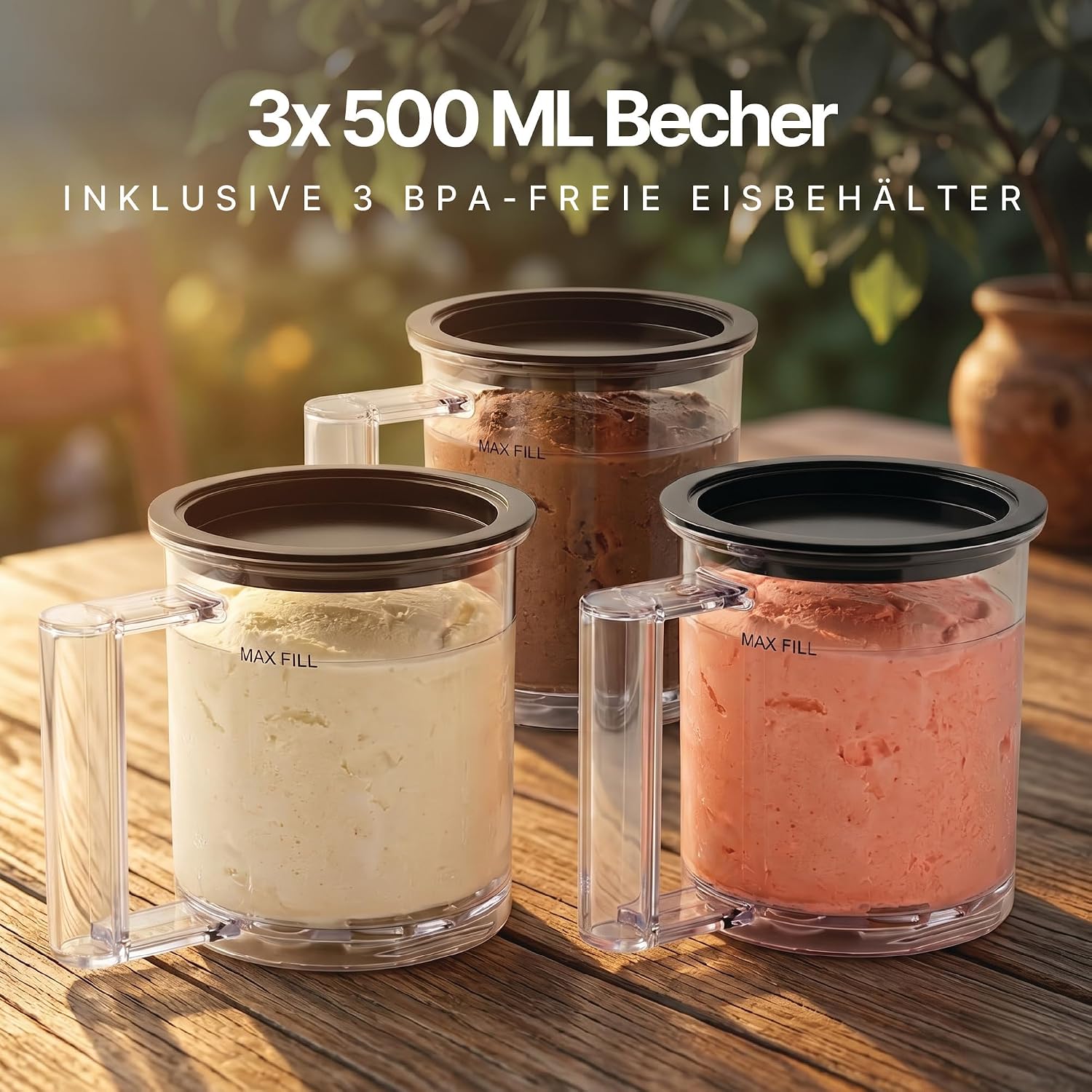 Seeger MultiCream Ice Cream Maker, 1.5 L, 10 Functions for Ice, Sorbet, Gelato, Milkshakes, Slushi & Frozen Yogurt, Mix-In Function, Includes 3 Containers, Touch Screen, BPA-Free, 800 W