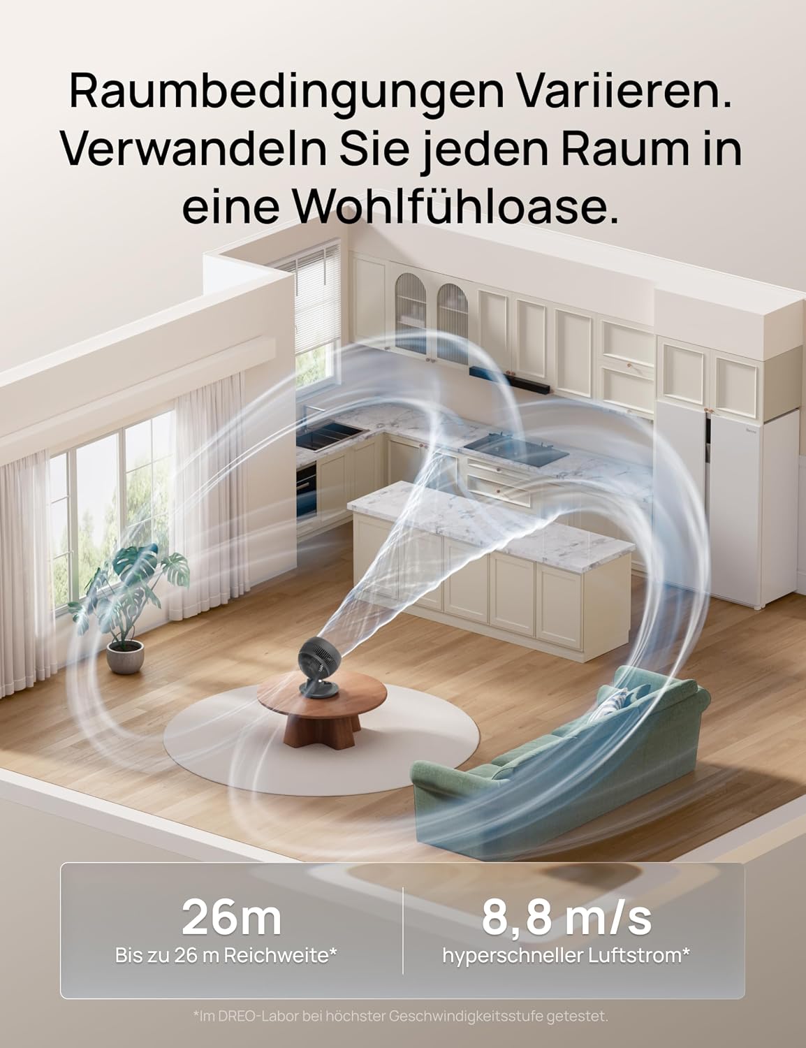 DREO 3D Table Fan, Very Quiet, 22 dB, Small Fan with Remote Control, 8.8 m/s Strong Airflow, 90° Oscillation, App & Voice Control, 9 Levels, 8/12h Timer for Bedroom and Office