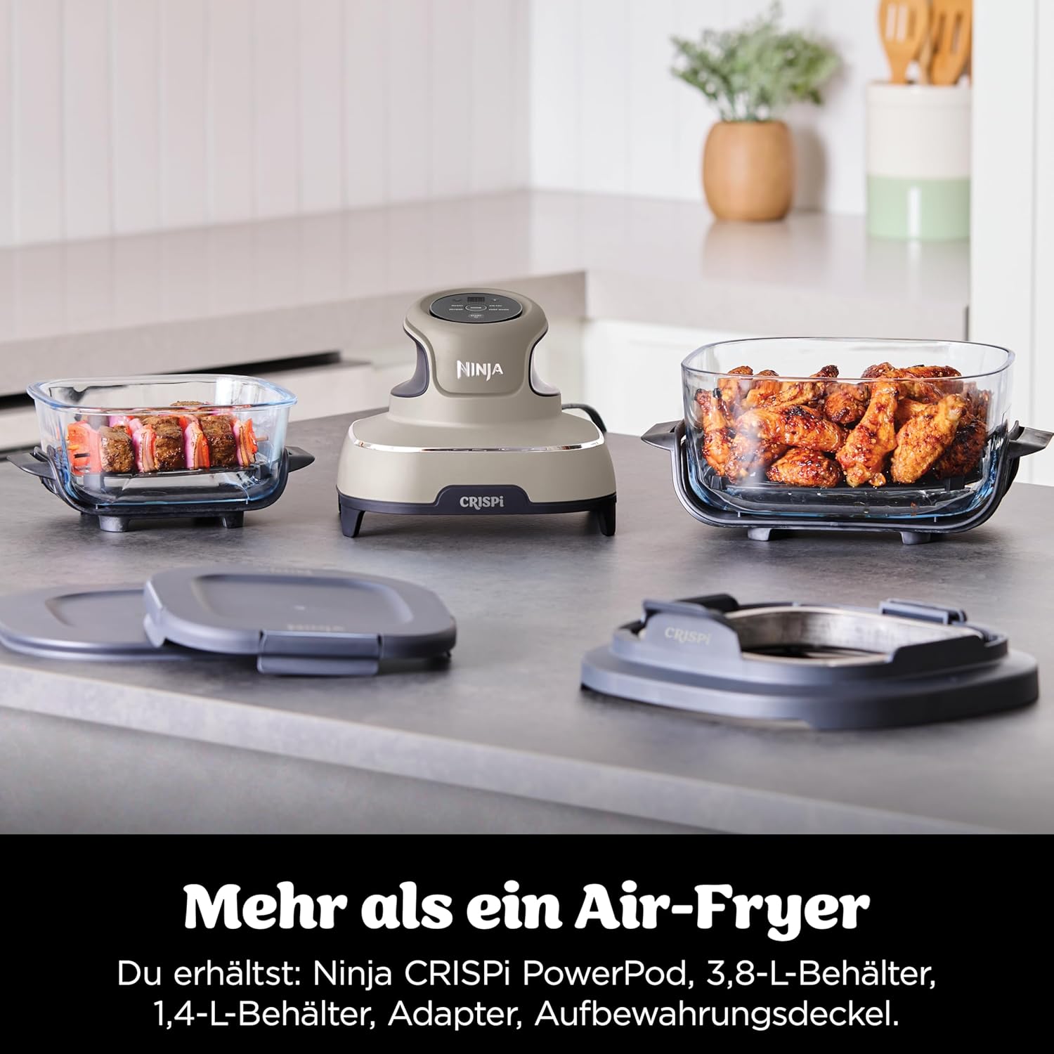 Ninja CRISPi Portable Air Fryer Hot Air Fryer, 3.8L, 4-in-1: Hot Air Frying, Roasting, Keeping Warm, Recrisp, Compact, 6 Servings, 2 Removable Glass Containers & Lid, 1700W, Stein FN101EUST