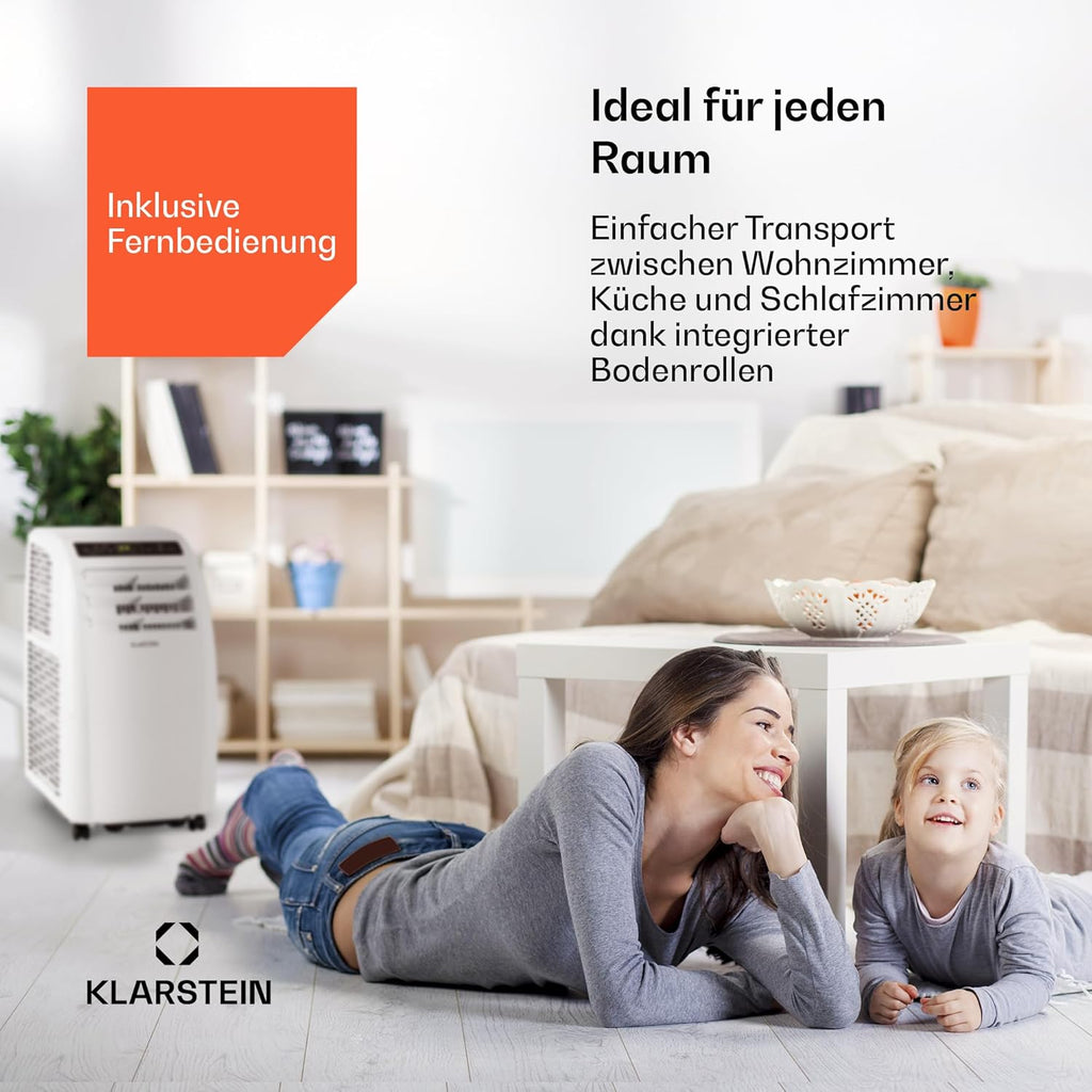 Klarstein Mobile Klimaanlage mit Abluftschlauch, 4-in-1 Klimagerät mit Ventilator, Luftentfeuchter & Nachtmodus, Kleine & Portable Klimaanlage für Wohnung & Büro, Niedriger Verbrauch, 10000 BTU