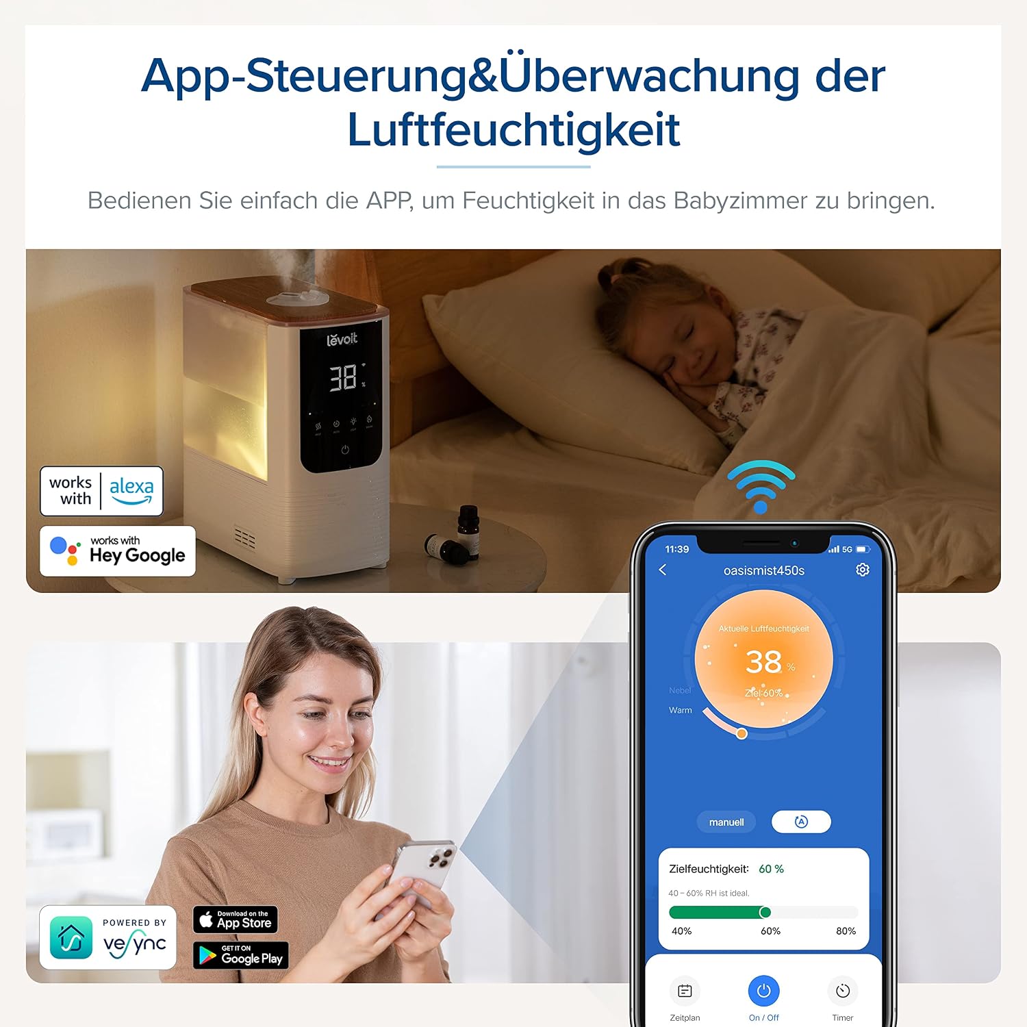 Levoit Smart Luftbefeuchter für große Räume, Top-Fill Humidifier, Warm&Kalter Nebel max 550 ml/h, bis 40㎡, leise Raumbefeuchter mit Nachtlicht für Pflanzen, Auto Shut-off, 4,5 L, Mondweiß