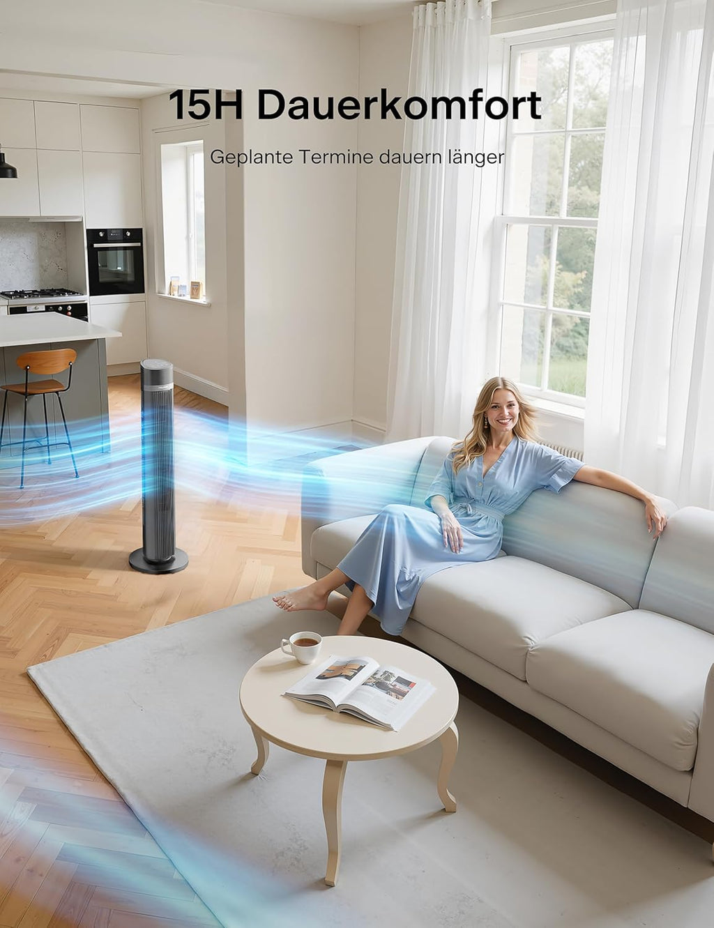 Pelonis Quiet Tower Fan, 40 Inch 102 cm Fan with Remote Control, 7 m/s Tower Fan Floor Fan with 90° Oscillation, 15-Hour Timer and 3 Speeds, Fans with Cooling