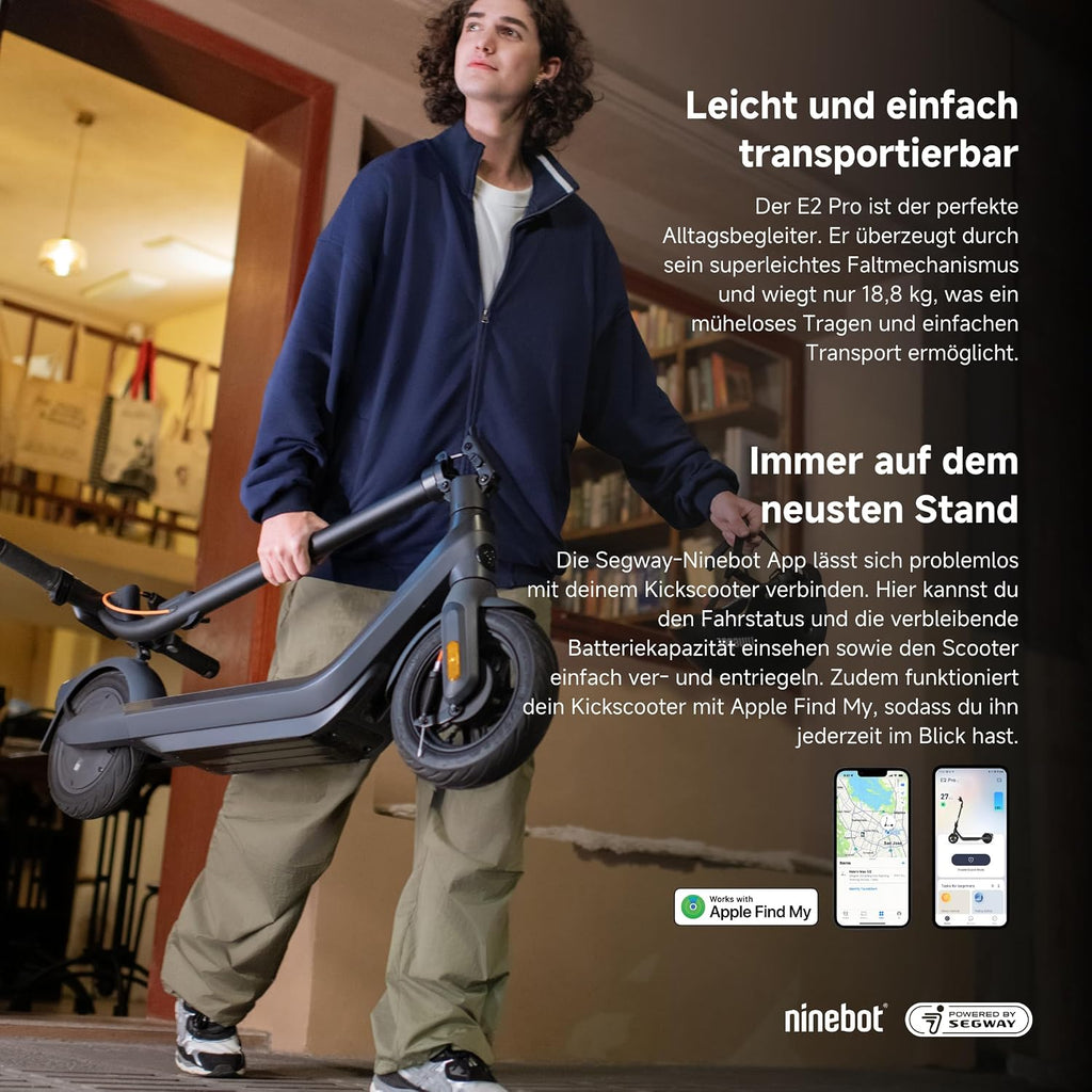 Segway-Ninebot E2 Pro D, E-Scooter mit Straßenzulassung für Erwachsene, max. 20 km/h Geschwindigkeit, 35 km Reichweite, Anti-Rutsch-Traktionskontrollsystem