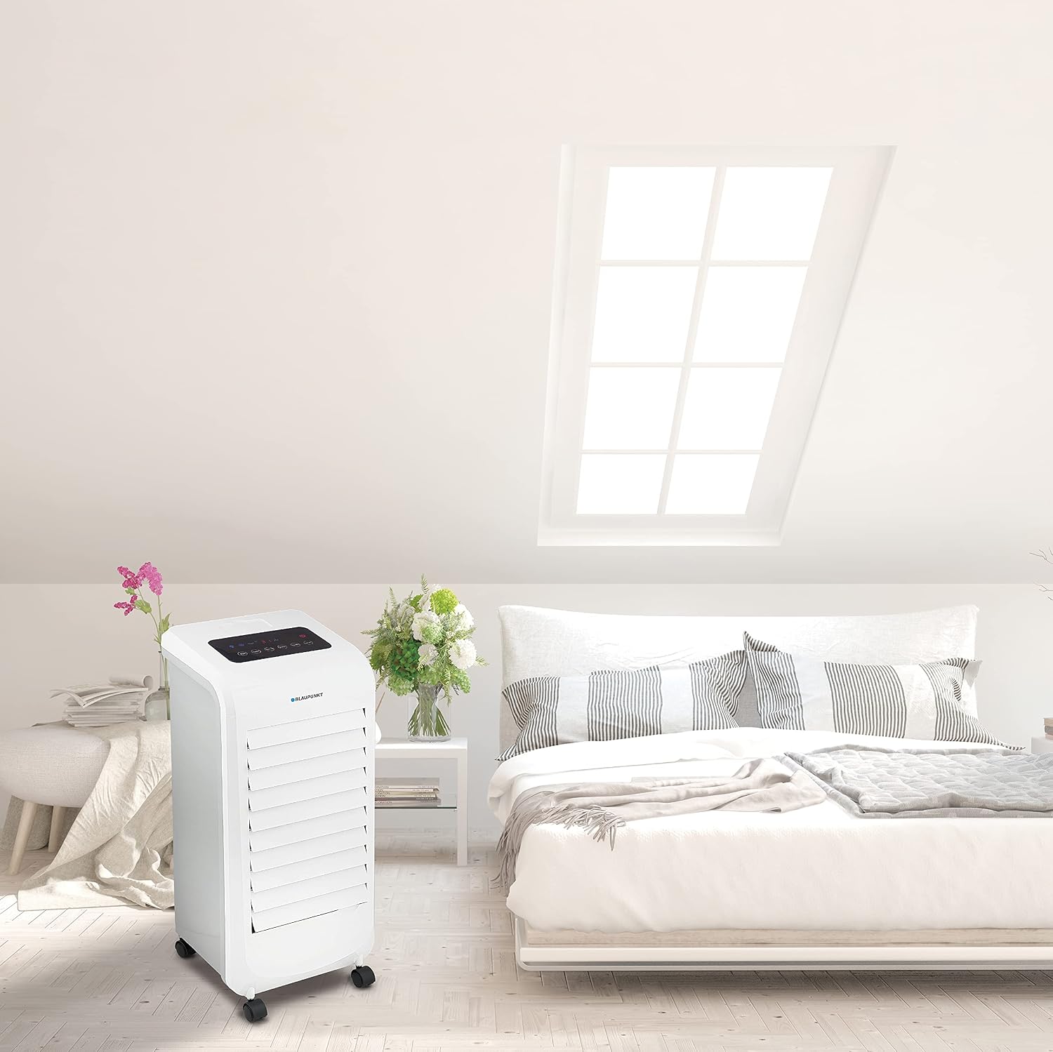 Blaupunkt Tragbares Verdunstungs-Klimagerät, Leistung 80 W, Ionisator-Funktion, digitale Paneele, Wasserbehälter 6 l und Timer 12 h | Weiß | Digital-Display