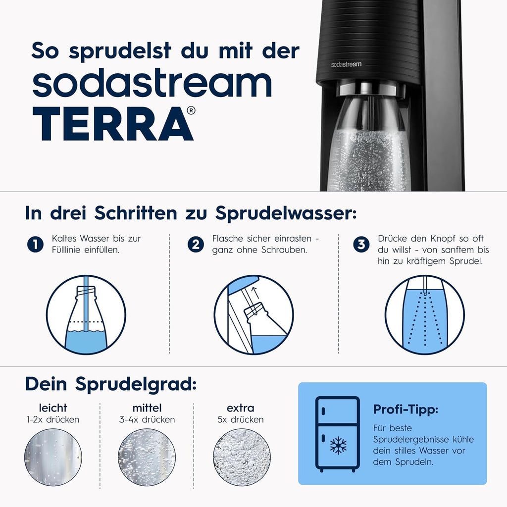 SodaStream TERRA Promopack Water Carbonator with CO2 Cylinder and 3 x 1 L Dishwasher-Safe Plastic Bottles, Height 44 cm, Black