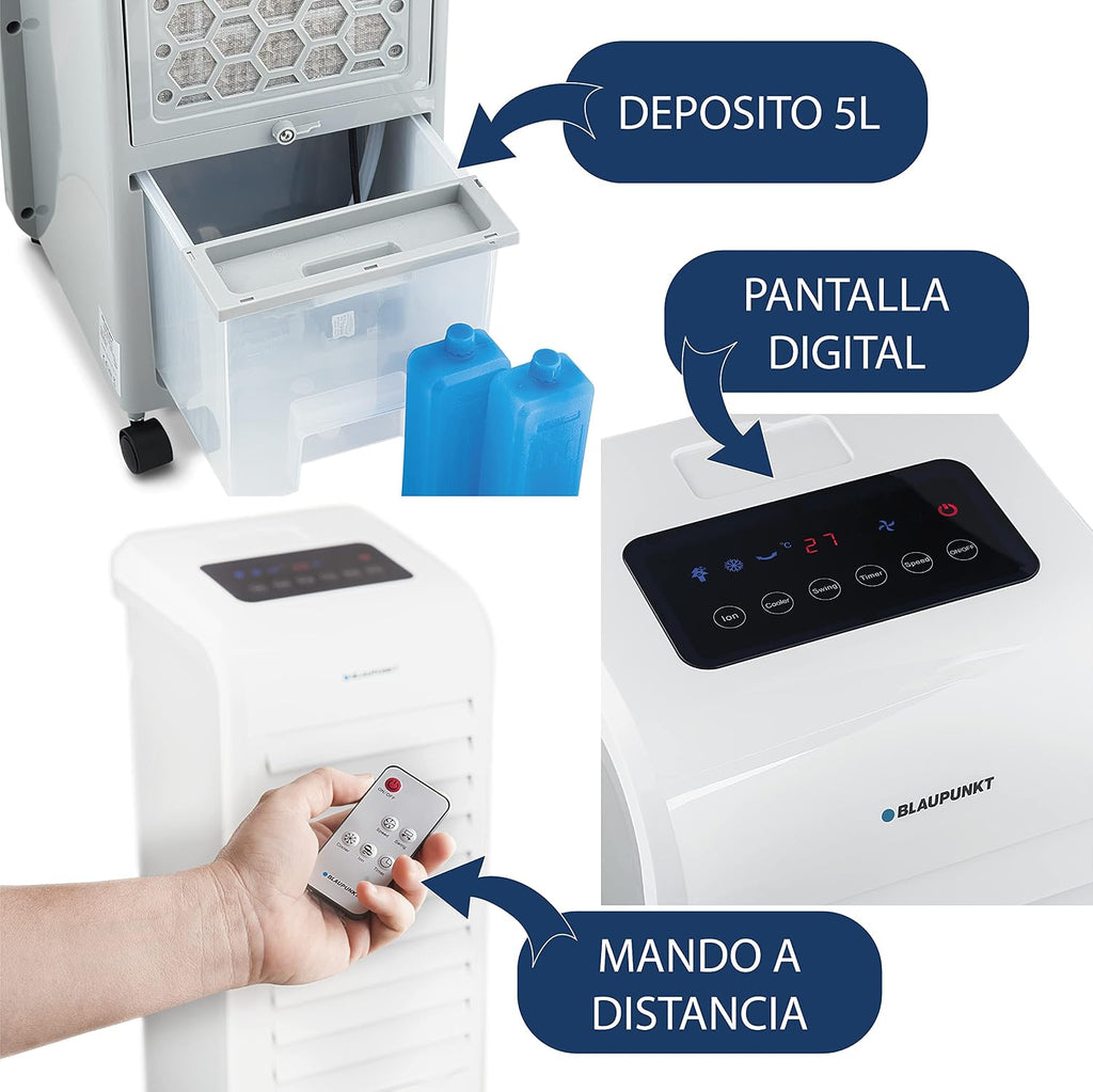 Blaupunkt Tragbares Verdunstungs-Klimagerät, Leistung 80 W, Ionisator-Funktion, digitale Paneele, Wasserbehälter 6 l und Timer 12 h | Weiß | Digital-Display