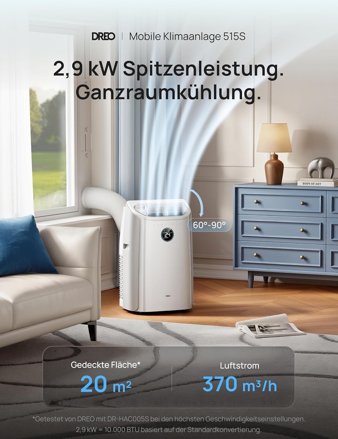 DREO Mobile Air Conditioner, 10,000 BTU Portable Air Conditioner for Bedroom, 3-in-1 Cooling/Ventilation/Dehumidification, Drainage-free Cooling, App/Voice Control/Remote Control, 24-Hour Timer, AC515S