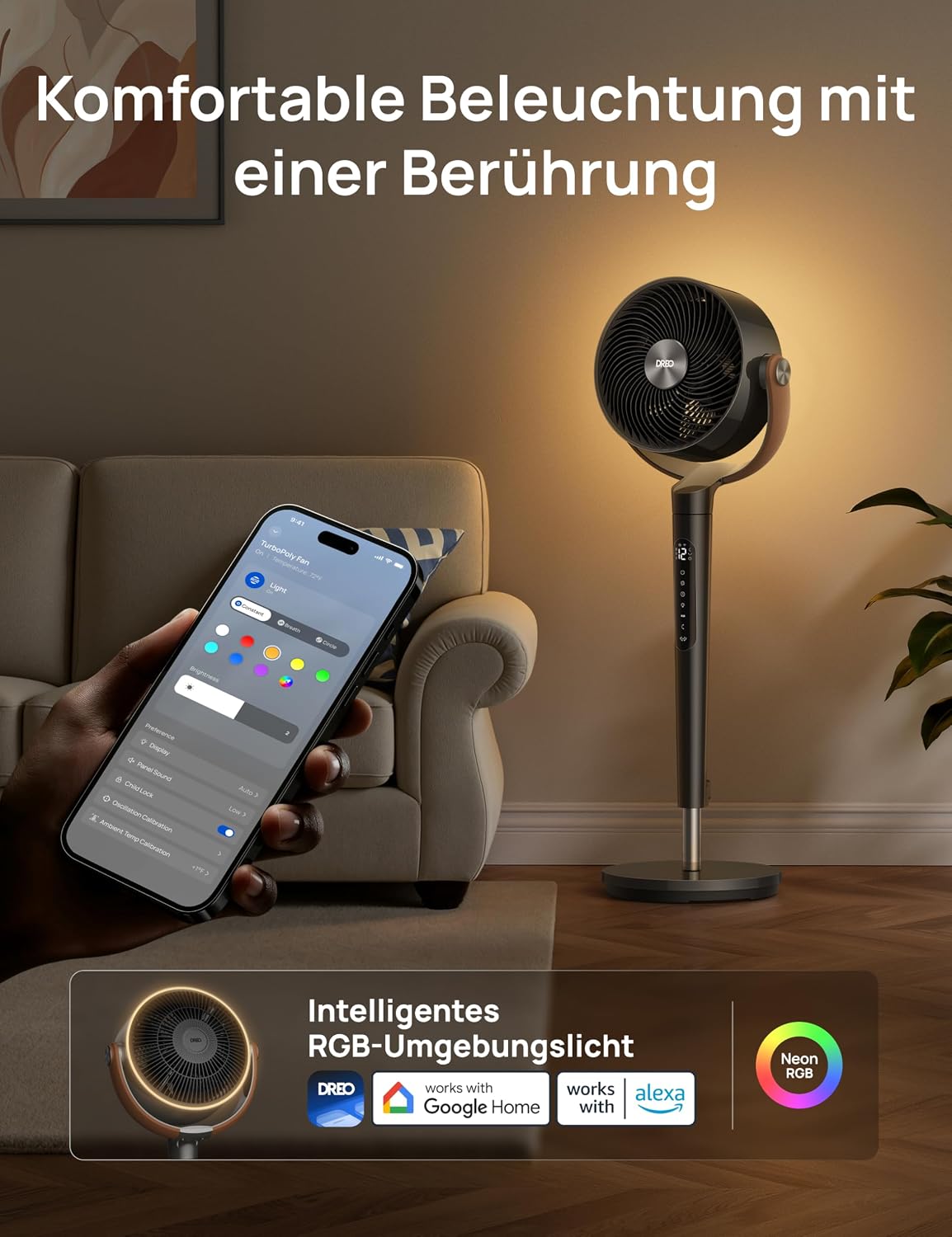 DREO 20dB Quiet Smart Floor Fan for Bedroom with RGB LED, 150° + 120° Oscillation, 30 m Air Circulation Fan and 2209 m³/h Air Volume, 12 Speeds, 6 Modes, 94-107 cm Height, WLAN & Alexa
