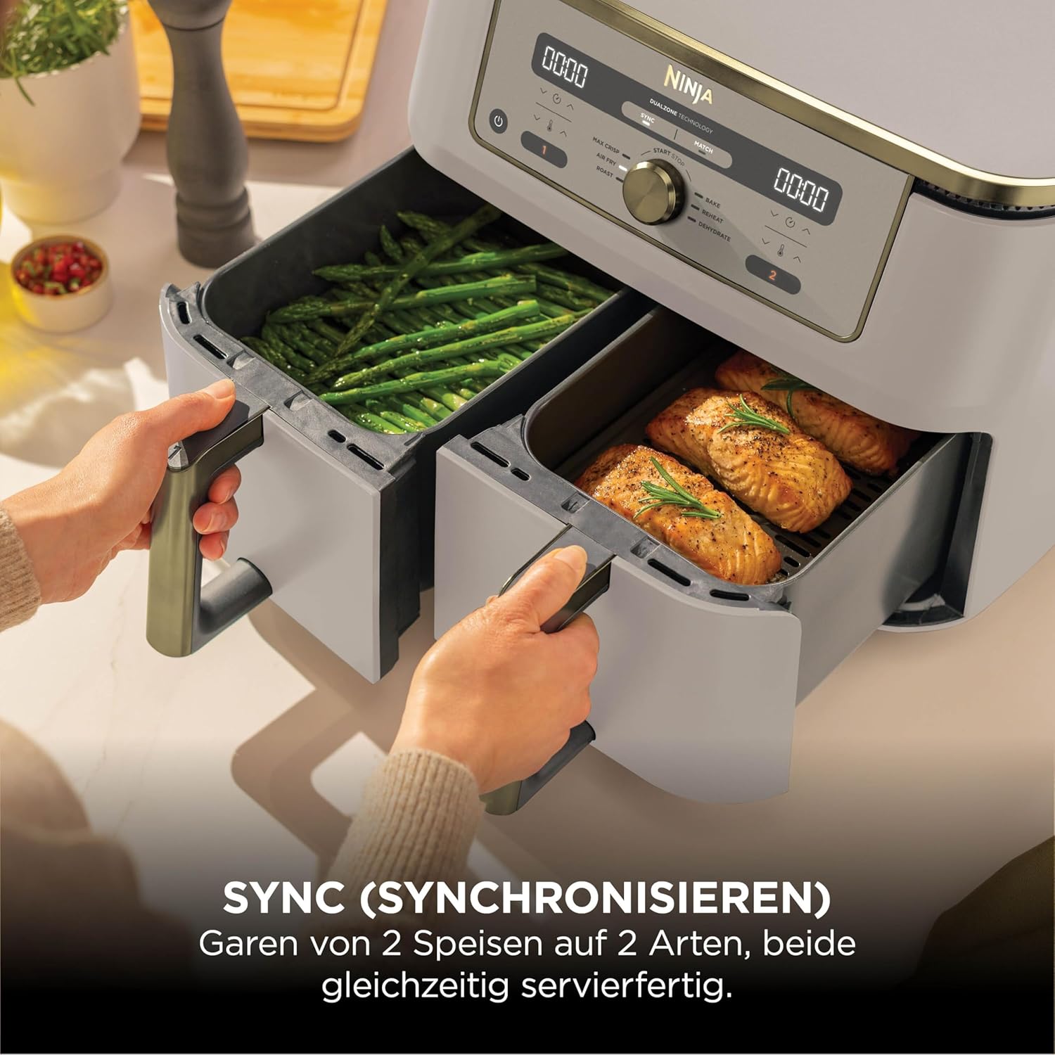 Ninja Dual Zone Digital Air Fryer, 2 Drawers, 6-in-1, Hot Air Fryer, 9.5L, Hot Air Fryer, Max Crisp, Roasting, Baking, Reheating, Dishwasher Safe Baskets, Stone/Gold DZ400EUSTGD