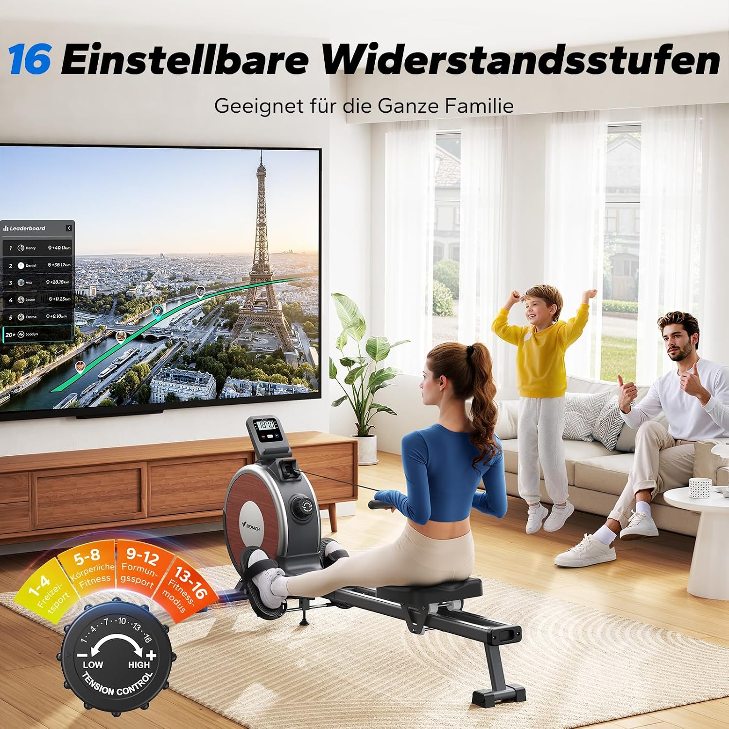 MERACH Home Rowing Machine, 16 Resistance Levels, Quiet Magnetic Rowing Machine, Connected via App, Improved Double Rails for More Stability, Easy Assembly (Grey)