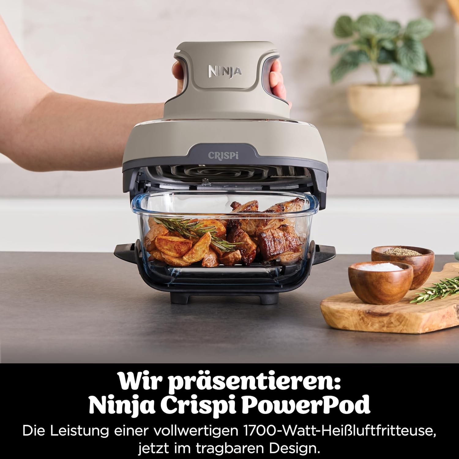 Ninja CRISPi Portable Air Fryer Hot Air Fryer, 3.8L, 4-in-1: Hot Air Frying, Roasting, Keeping Warm, Recrisp, Compact, 6 Servings, 2 Removable Glass Containers & Lid, 1700W, Stein FN101EUST