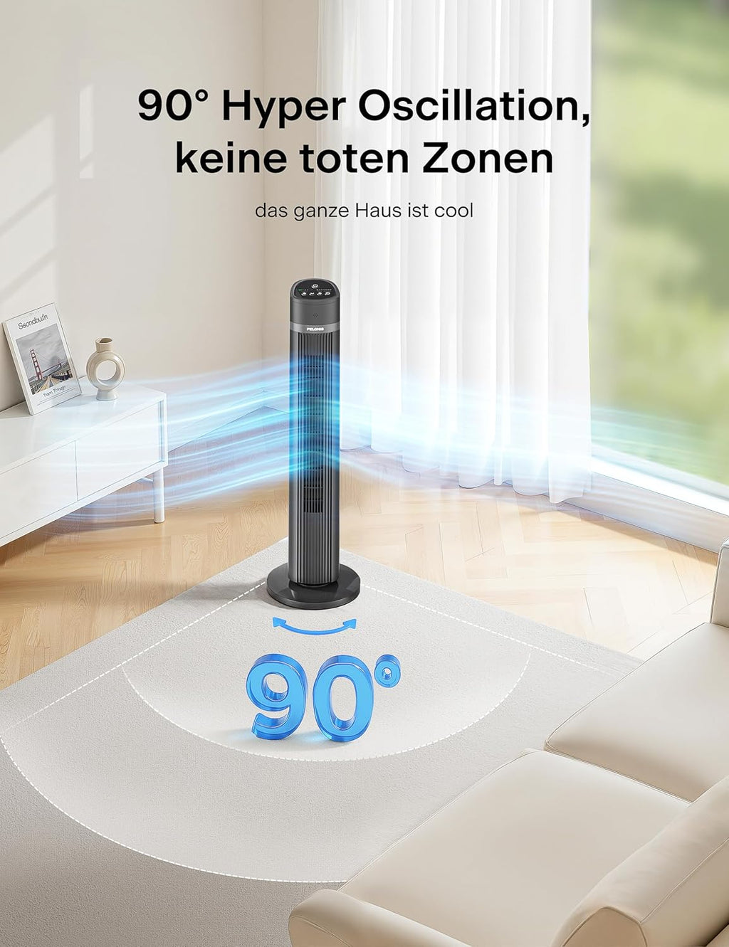 Pelonis Quiet Tower Fan, 40 Inch 102 cm Fan with Remote Control, 7 m/s Tower Fan Floor Fan with 90° Oscillation, 15-Hour Timer and 3 Speeds, Fans with Cooling
