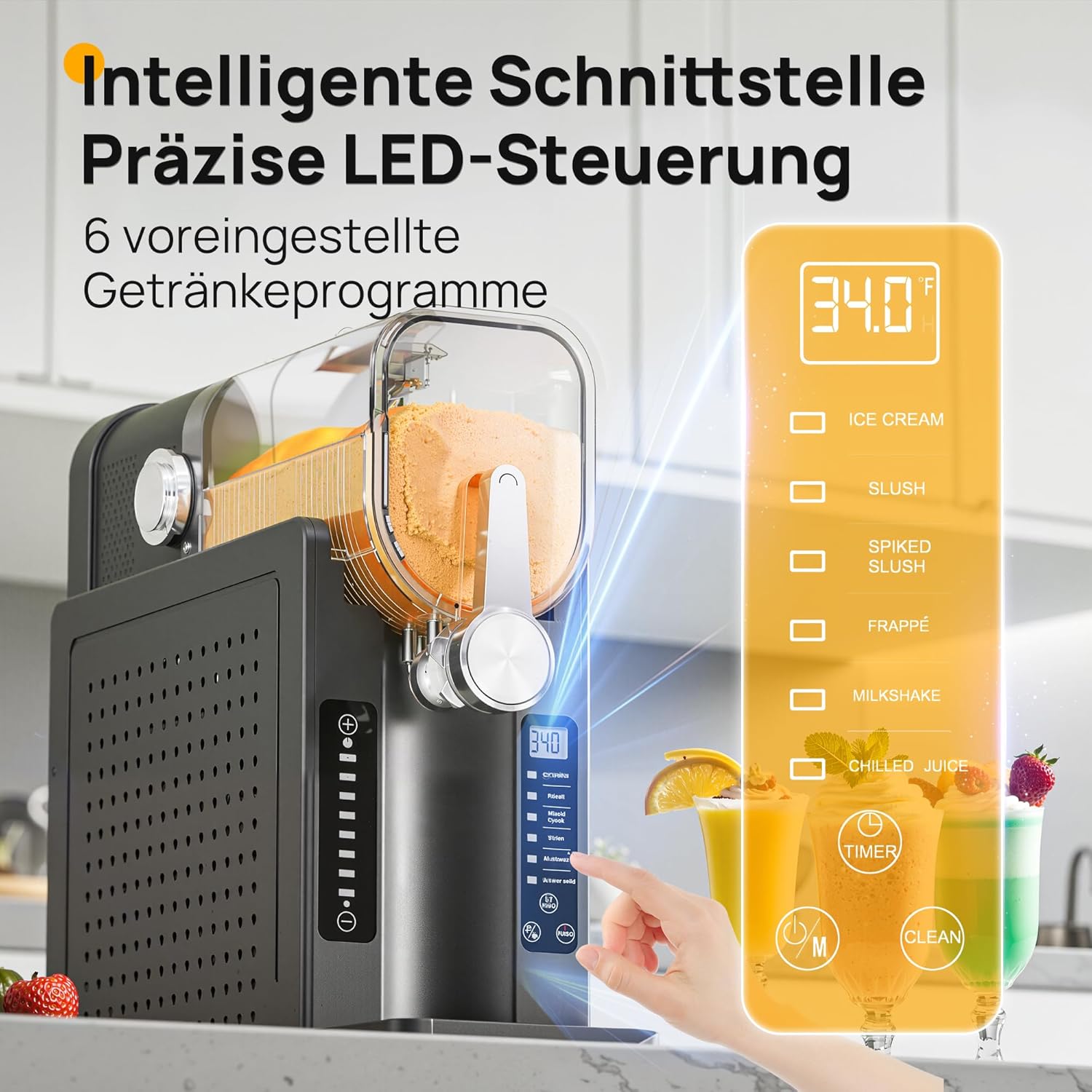 INITIO Slush Machine, 2L Slushie Machine for Home Slushi, Frappé, Milkshake & Margaritas, No Ice Required, LED Display, Self-Cleaning, Black, AD03, 6 Programmes + 1 Pack