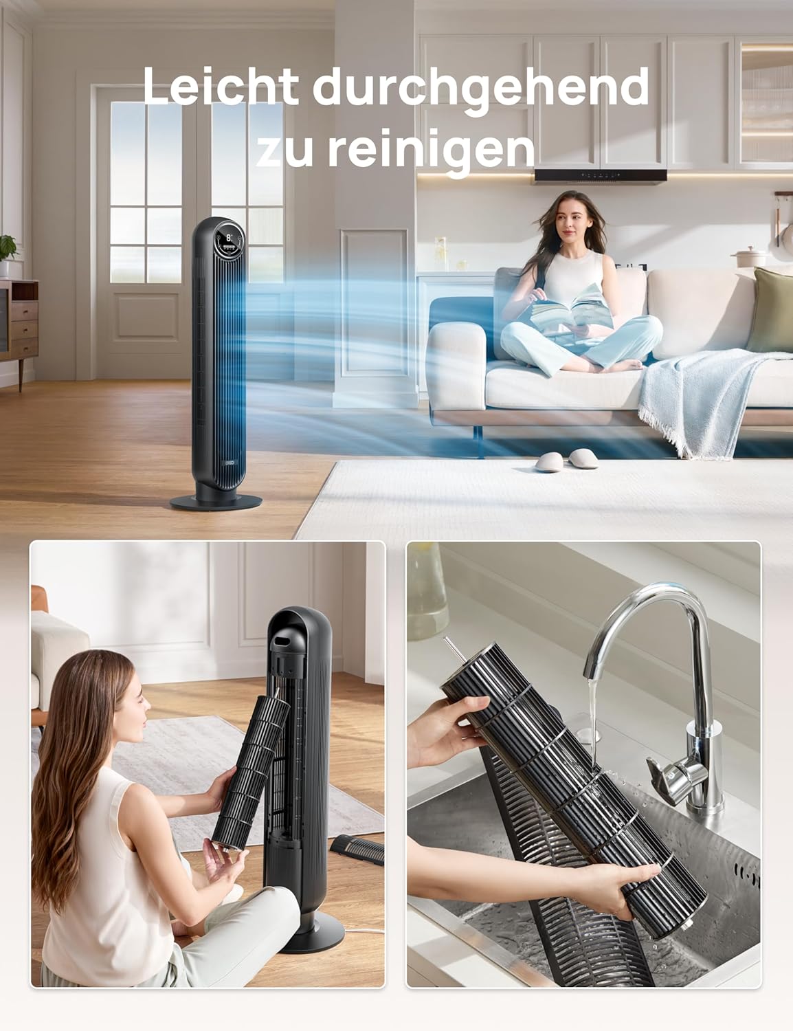 DREO Quiet Tower Fan, 10 m Throwing Distance 4 Speed Levels 4 Modes 8 Hours Timer 90° Oscillating Fan with Cooling Remote Control for Bedroom, Tower Fan 307, Black