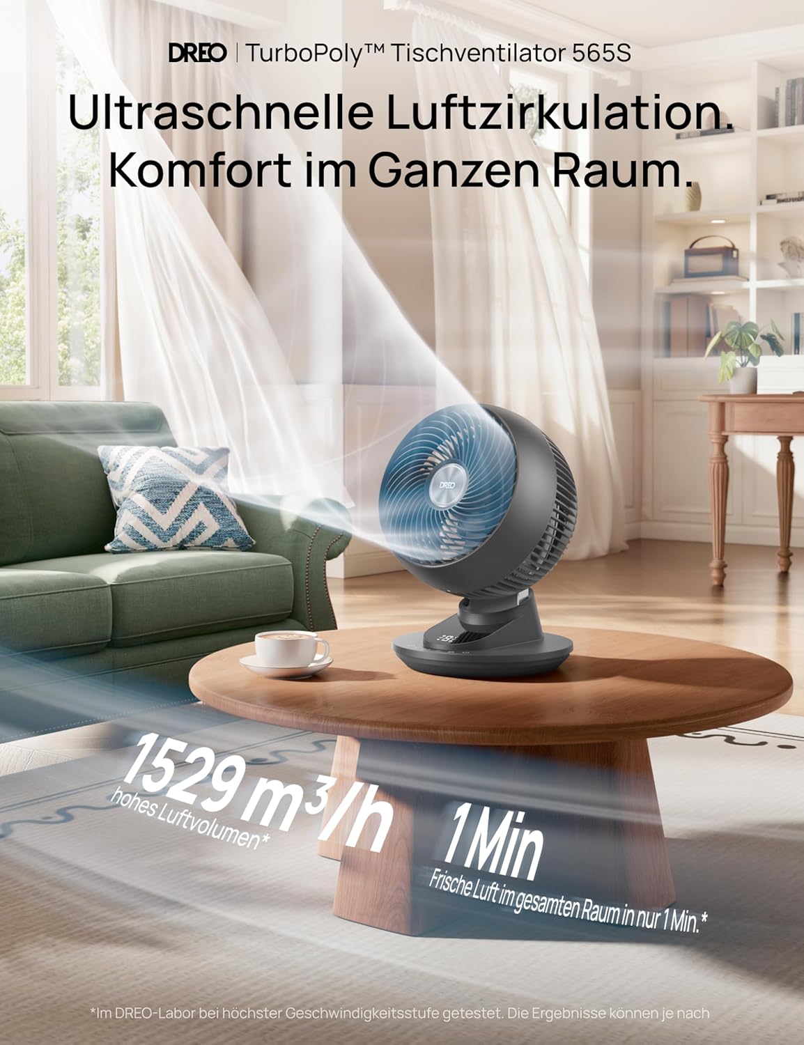 DREO 3D Table Fan, Very Quiet, 22 dB, Small Fan with Remote Control, 8.8 m/s Strong Airflow, 90° Oscillation, App & Voice Control, 9 Levels, 8/12h Timer for Bedroom and Office