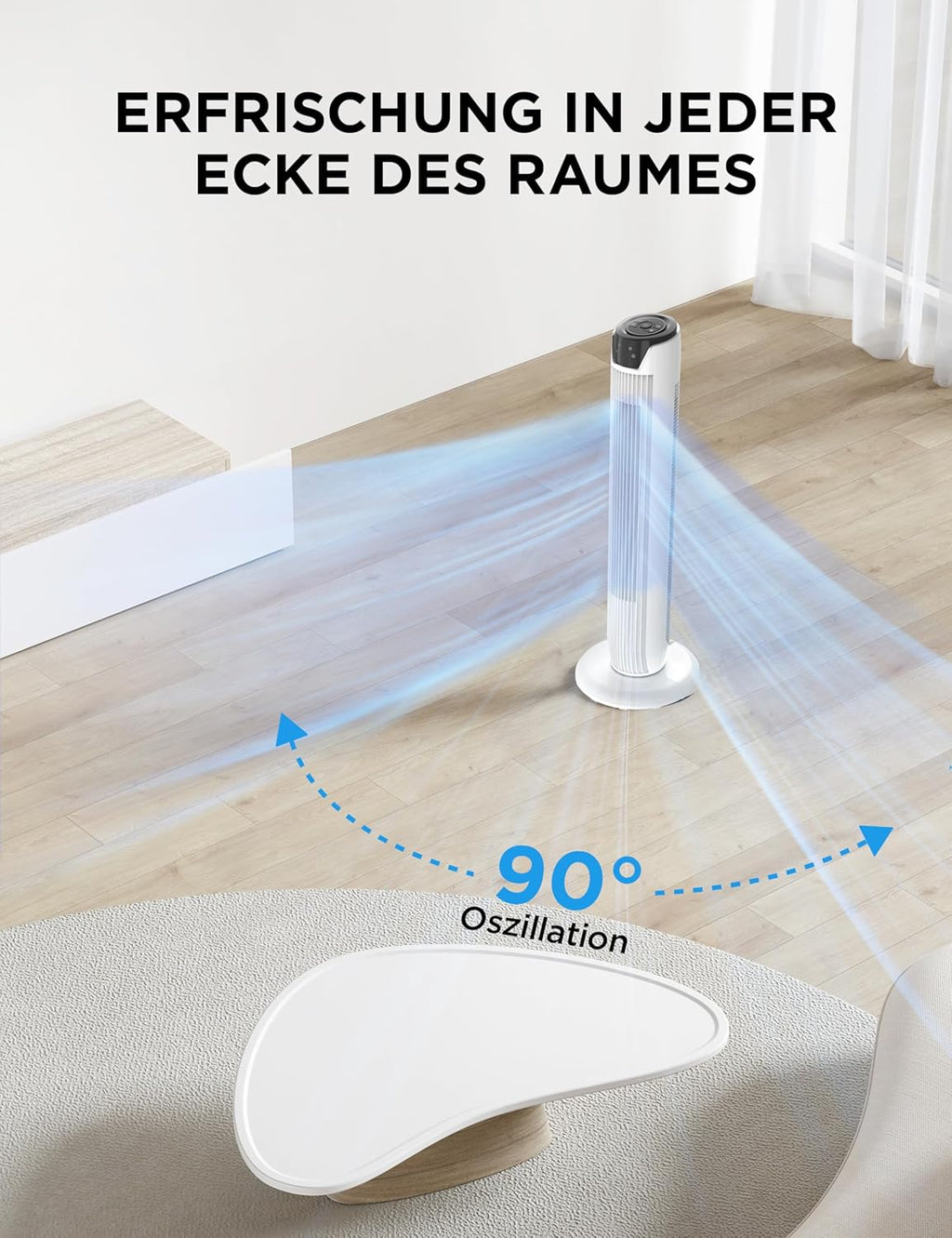 Midea FZ10-17JR(WH) Turmventilator Leise mit Fernbedienung 92CM, mobiler Lüfter,Ventilator Säulenventilator,7 Stunden Timer,3 Modi,3 Geschwindigkeiten,45W Standventilator, Weiß