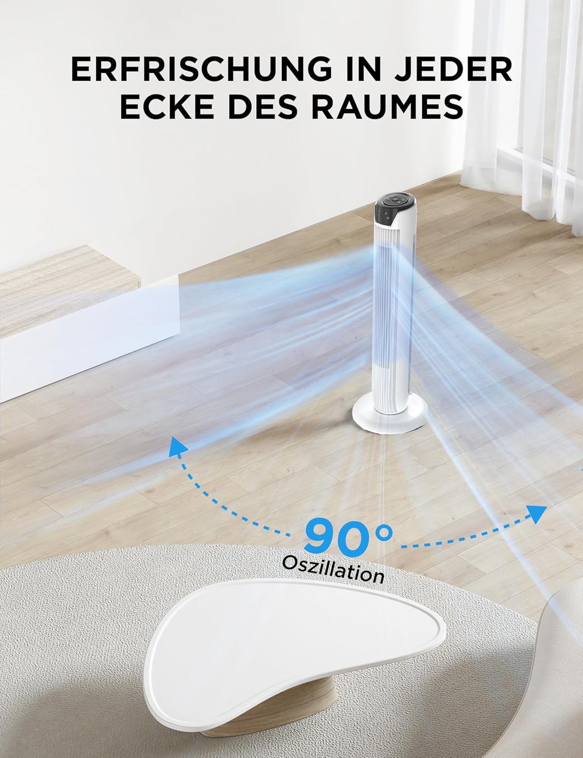 Midea FZ10-17JR(WH) Turmventilator Leise mit Fernbedienung 92CM, mobiler Lüfter,Ventilator Säulenventilator,7 Stunden Timer,3 Modi,3 Geschwindigkeiten,45W Standventilator, Weiß
