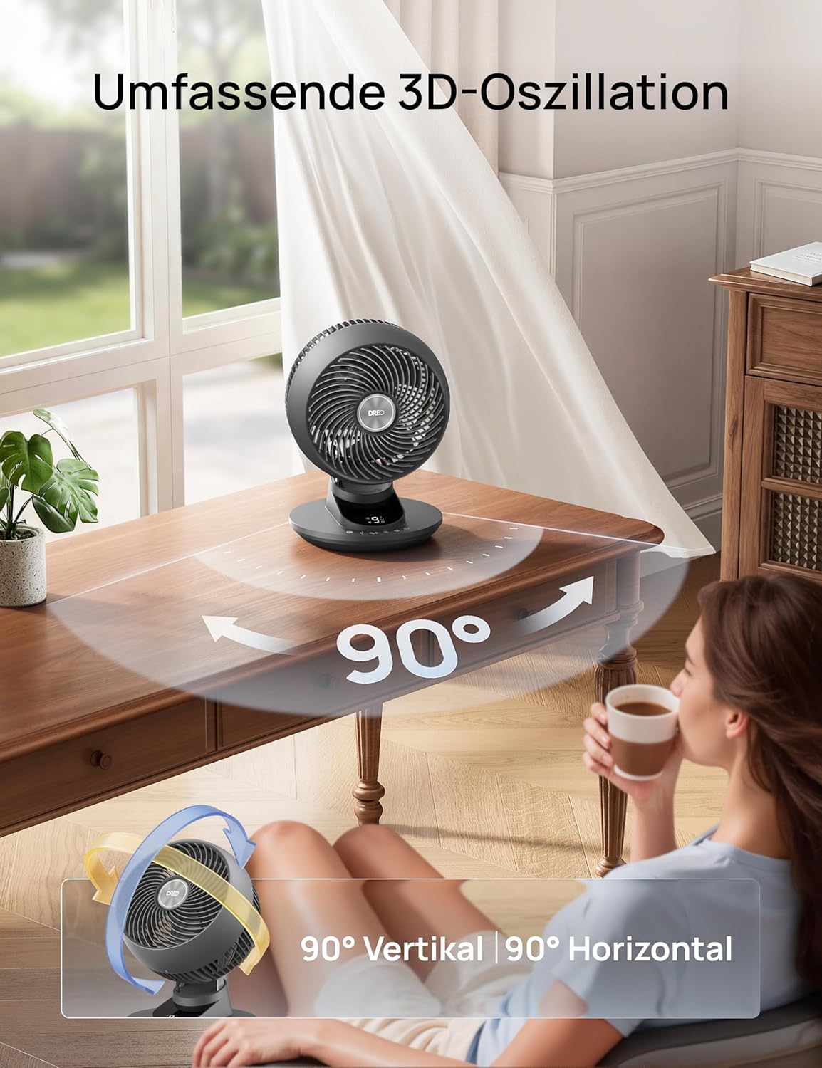 DREO 3D Table Fan, Very Quiet, 22 dB, Small Fan with Remote Control, 8.8 m/s Strong Airflow, 90° Oscillation, App & Voice Control, 9 Levels, 8/12h Timer for Bedroom and Office
