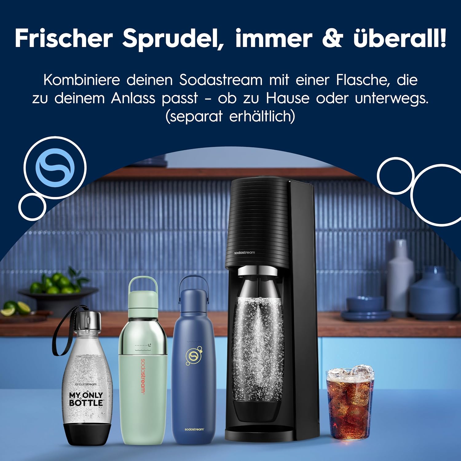 SodaStream TERRA Promopack Water Carbonator with CO2 Cylinder and 3 x 1 L Dishwasher-Safe Plastic Bottles, Height 44 cm, Black