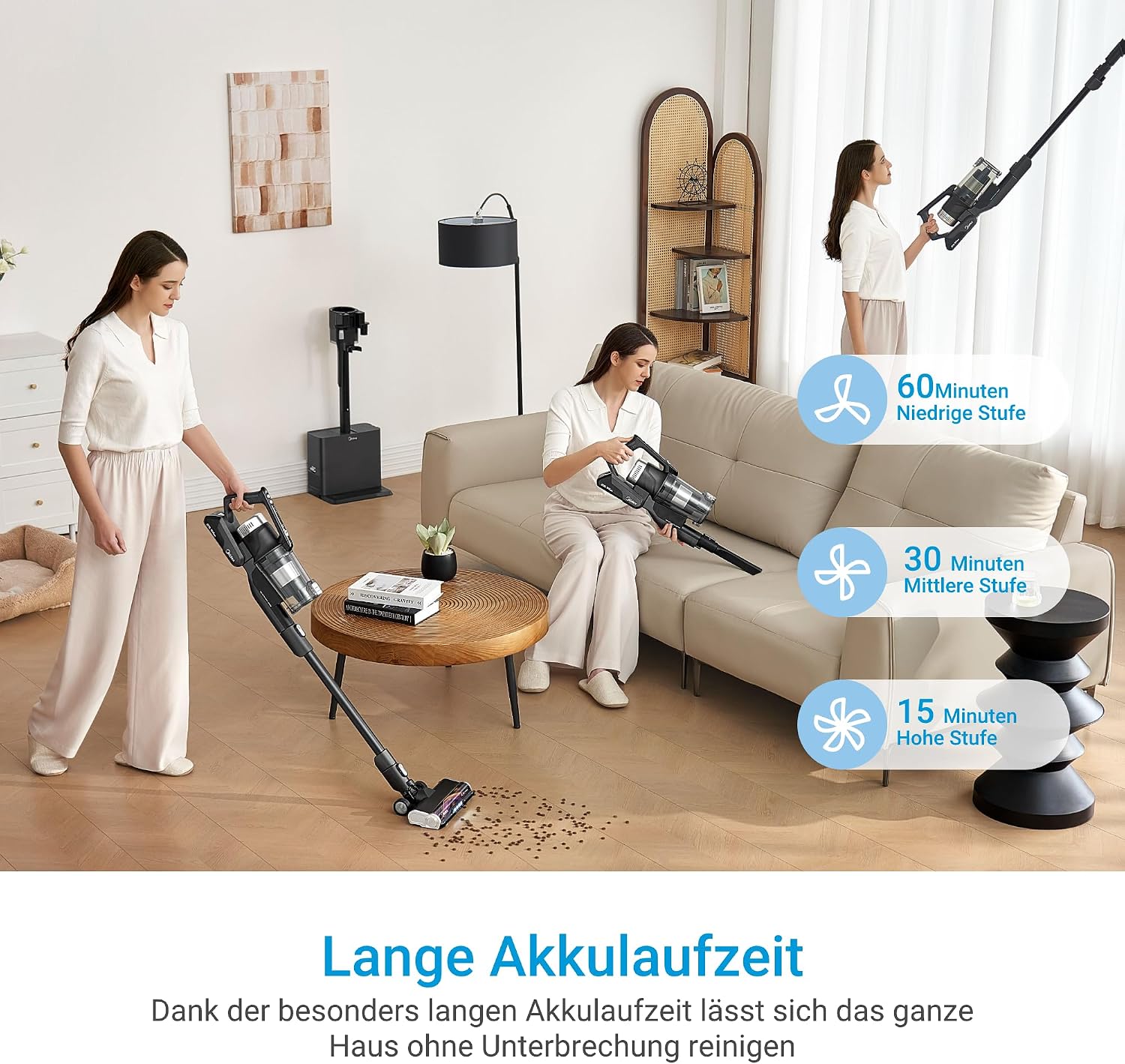 Midea Cordless Vacuum Cleaner with Suction Station, 350 W, up to 60 Minutes Running Time, Self-Draining Anti-Tangle Brush, LED Nozzle, HEPA Filter, Suitable for Allergy Sufferers, Interchangeable Battery, Wireless, Black