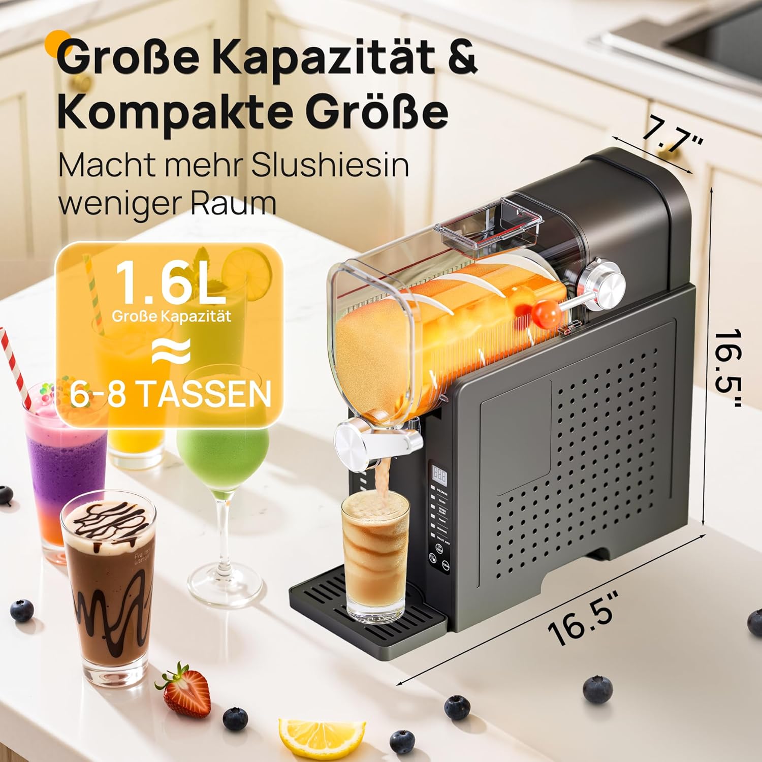 INITIO Slush Machine, 2L Slushie Machine for Home Slushi, Frappé, Milkshake & Margaritas, No Ice Required, LED Display, Self-Cleaning, Black, AD03, 6 Programmes + 1 Pack