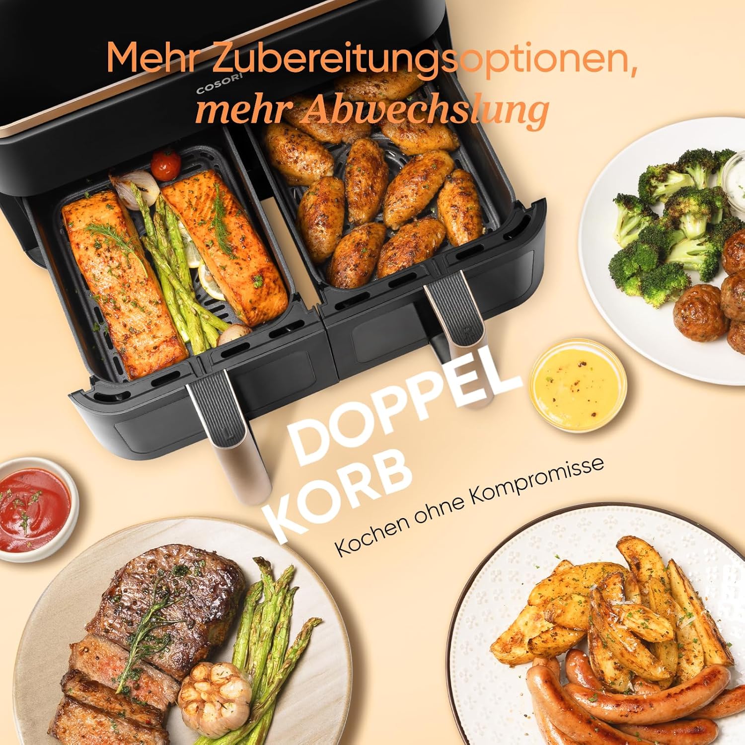 COSORI Hot Air Fryer, 2 Compartments, 6-in-1, Dual Zone, XXL, 8.5 L, Two Chambers, with Viewing Window, for Full Meals, 50 Recipes, Energy-Saving