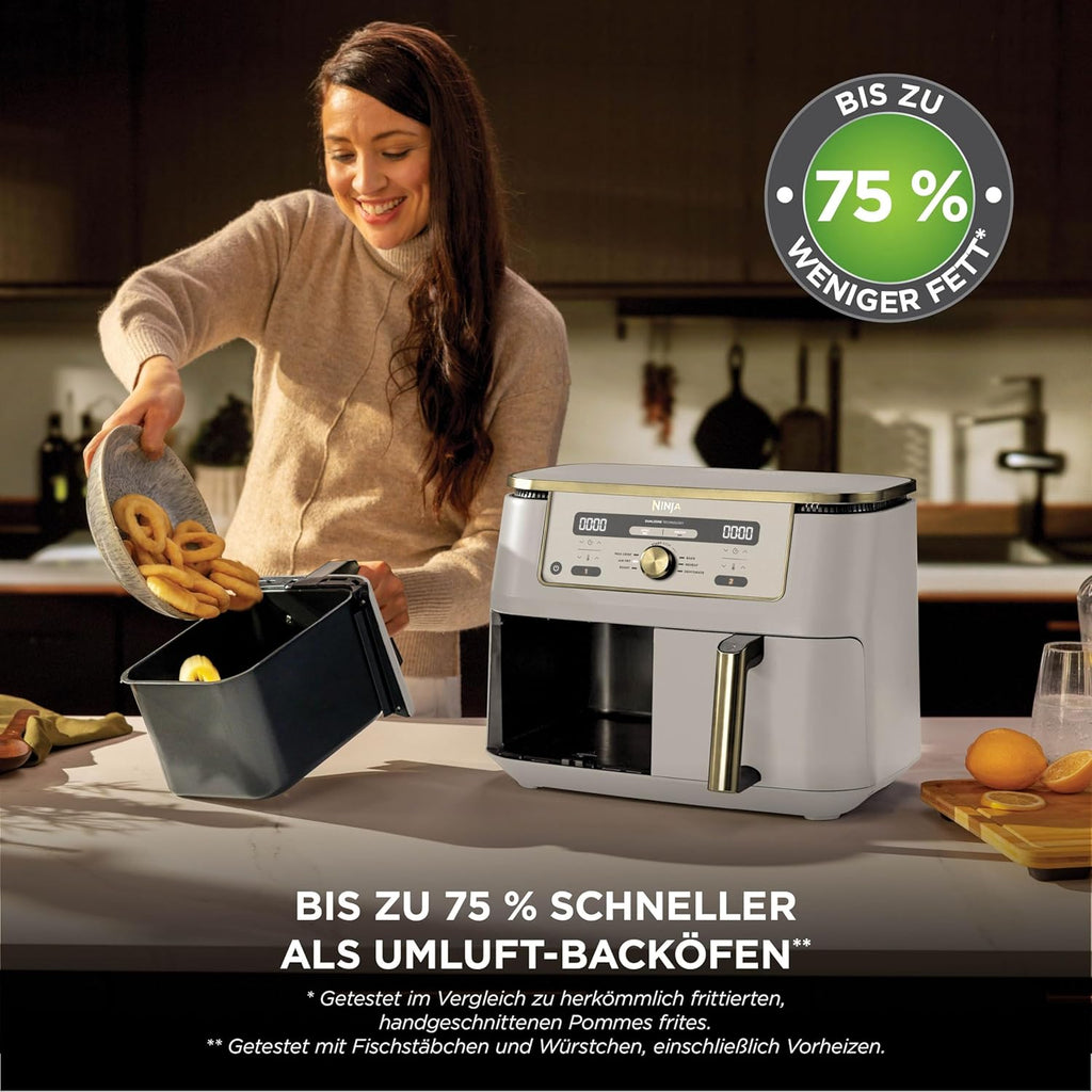 Ninja Dual Zone Digital Air Fryer, 2 Drawers, 6-in-1, Hot Air Fryer, 9.5L, Hot Air Fryer, Max Crisp, Roasting, Baking, Reheating, Dishwasher Safe Baskets, Stone/Gold DZ400EUSTGD
