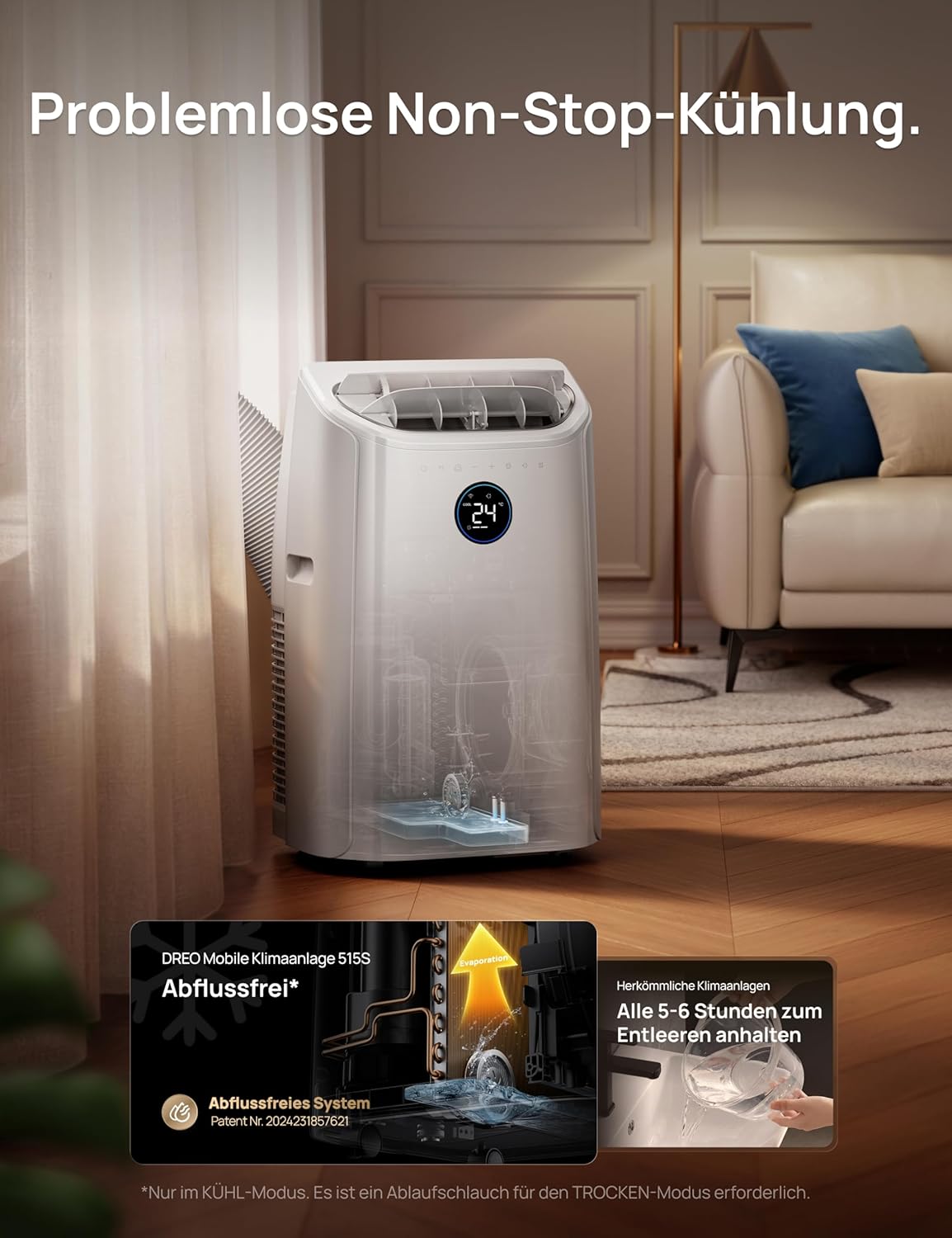 DREO Mobile Air Conditioner, 10,000 BTU Portable Air Conditioner for Bedroom, 3-in-1 Cooling/Ventilation/Dehumidification, Drainage-free Cooling, App/Voice Control/Remote Control, 24-Hour Timer, AC515S