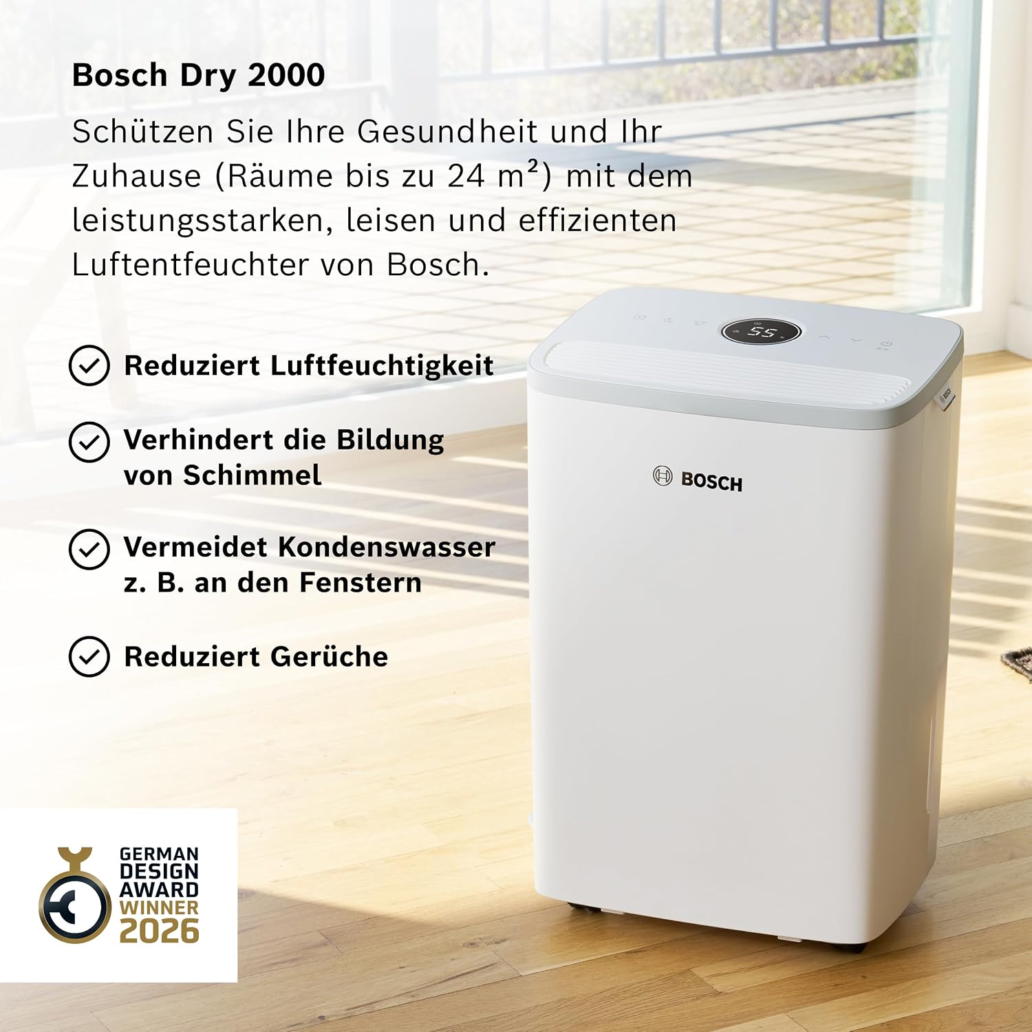 Bosch Dry 2000 Dehumidifier - Simple, Efficient. Quiet. - For rooms up to 24 m² - Ideal for your home the quick drying of your laundry