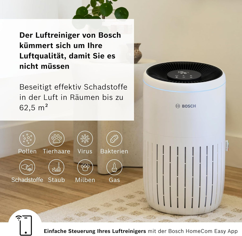 Bosch Air 4000i App-Controlled Air Purifier - For Rooms up to 62.5 m² - Removes Pollutants - With 3-in-1 Air Filter, Smart Sensor, Automatic Mode, Sleep Mode (< 25 dB(A)) - CADR: 300 m³/h