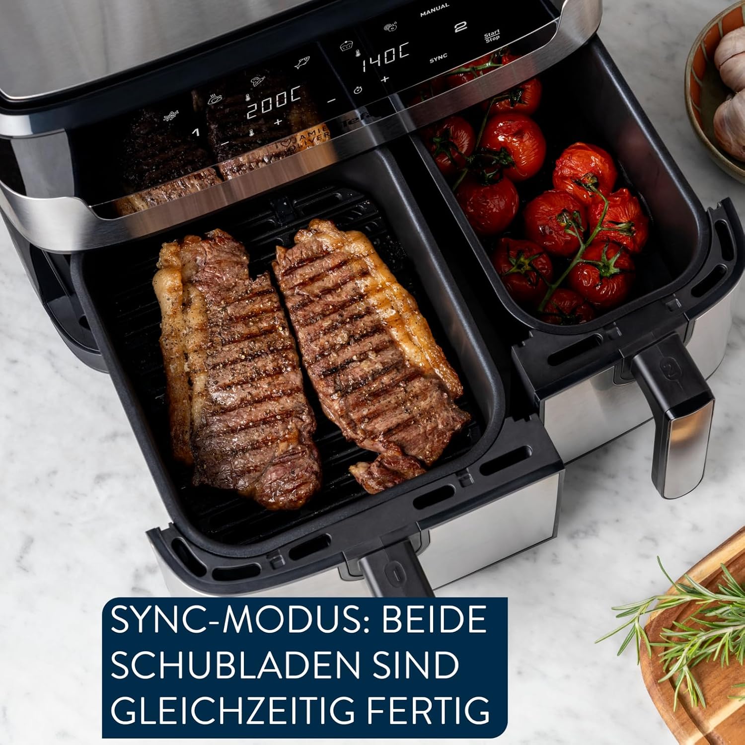 Jamie Oliver by Tefal Dual Drawer Heißluftfritteuse 8,3 L – Airfryer mit 2 Kammern & Grillfunktion, 8 Programme, Sync-Modus für gleichzeitiges Garen, fettarm frittieren & energiesparend EY90JDE1