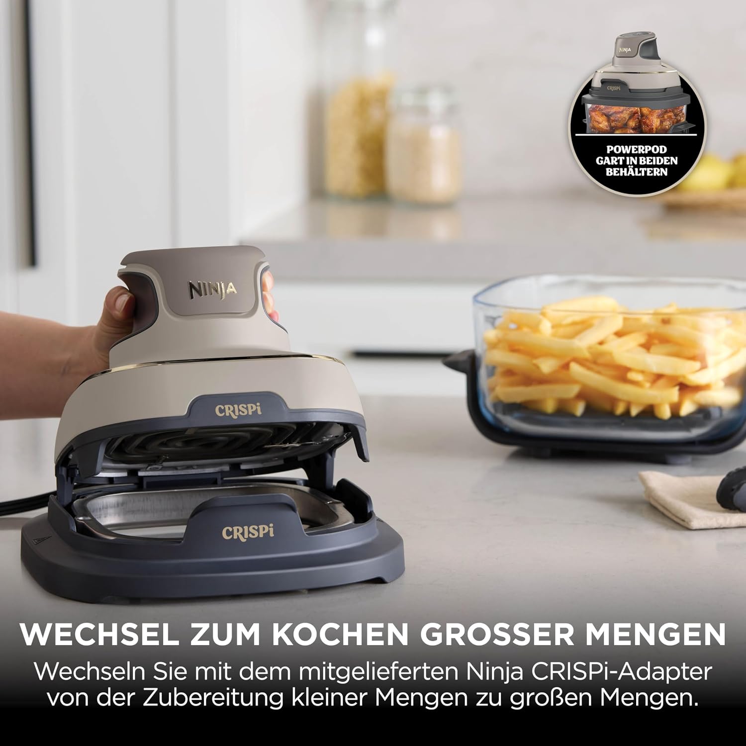 Ninja CRISPi Portable Air Fryer 3.8L 4-in-1: Hot Air Frying, Roasting, Keeping Warm, Recrisp, 6 Servings, 2 Removable Glass Containers & Lids 1700W, Stone Gold FN101EUSTGD