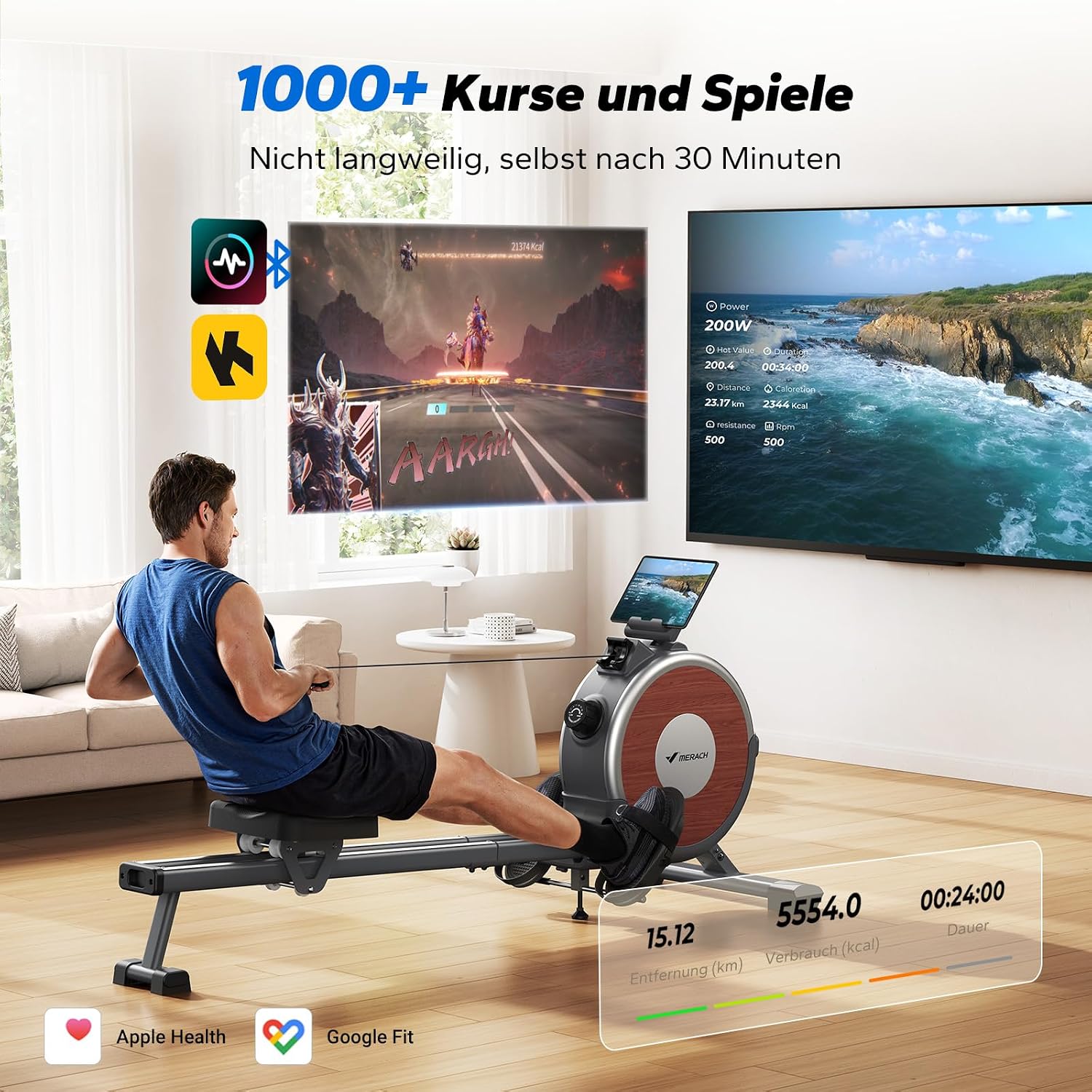MERACH Home Rowing Machine, 16 Resistance Levels, Quiet Magnetic Rowing Machine, Connected via App, Improved Double Rails for More Stability, Easy Assembly (Grey)