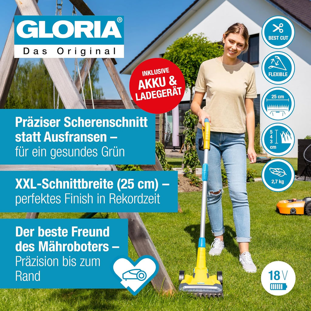 Gloria FineCut 18 V Cordless Lawn and Edge Trimmer, Set, Addition to Robotic Lawnmower/Lawn Trimmer, 25 cm Cutting Width, Adjustable Bar Angle, Includes 18 V/2.5 Ah Power for All Battery