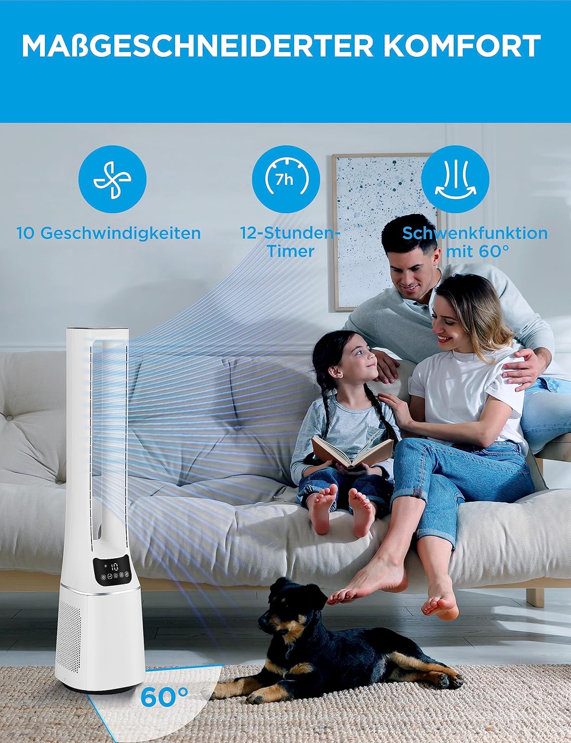 Midea MFP-120 (WH) 2 in 1 Turmventilator Leise 38dB Luftreiniger CADR 120 für 47.6 ㎡ LED Display Fernbedienung Oszillation 12H Timer Weiß