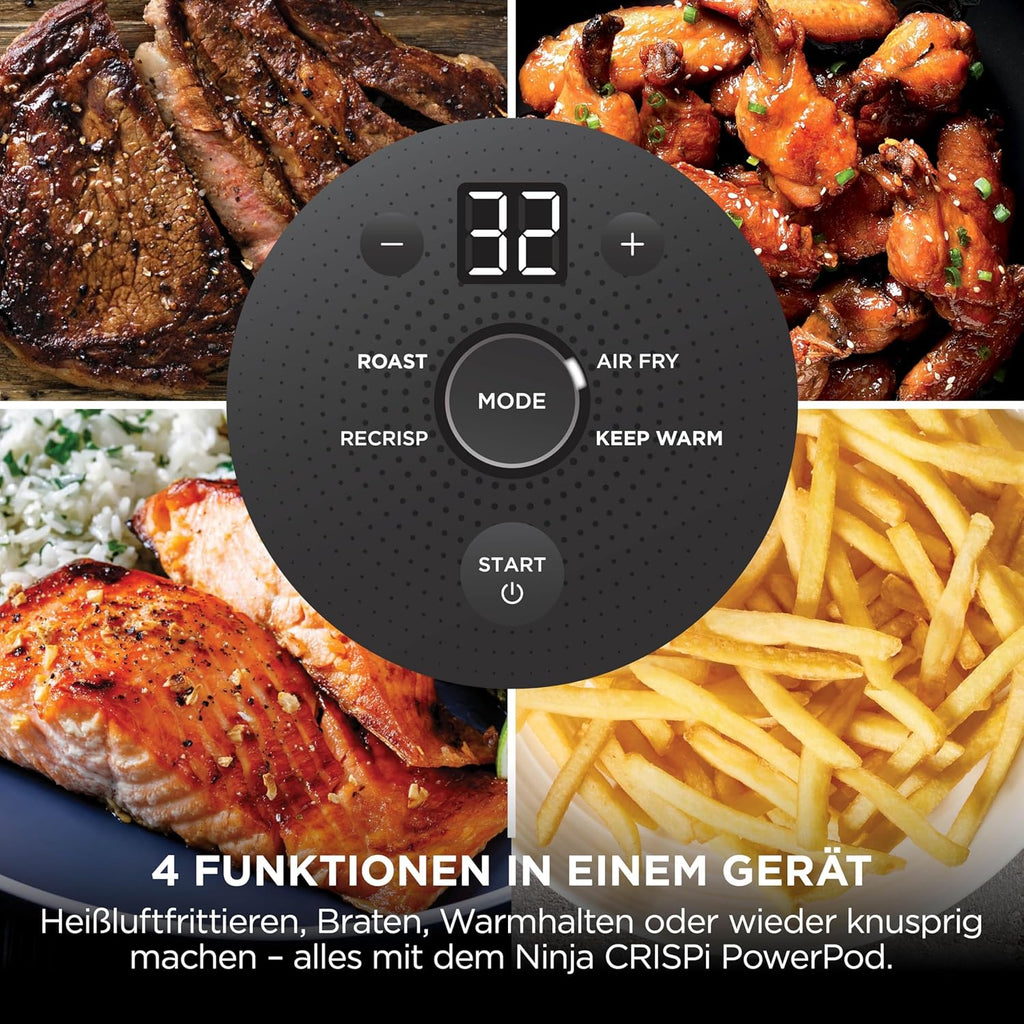 Ninja CRISPi Portable Air Fryer 3.8L 4-in-1: Hot Air Frying, Roasting, Keeping Warm, Recrisp, 6 Servings, 2 Removable Glass Containers & Lids 1700W, Stone Gold FN101EUSTGD